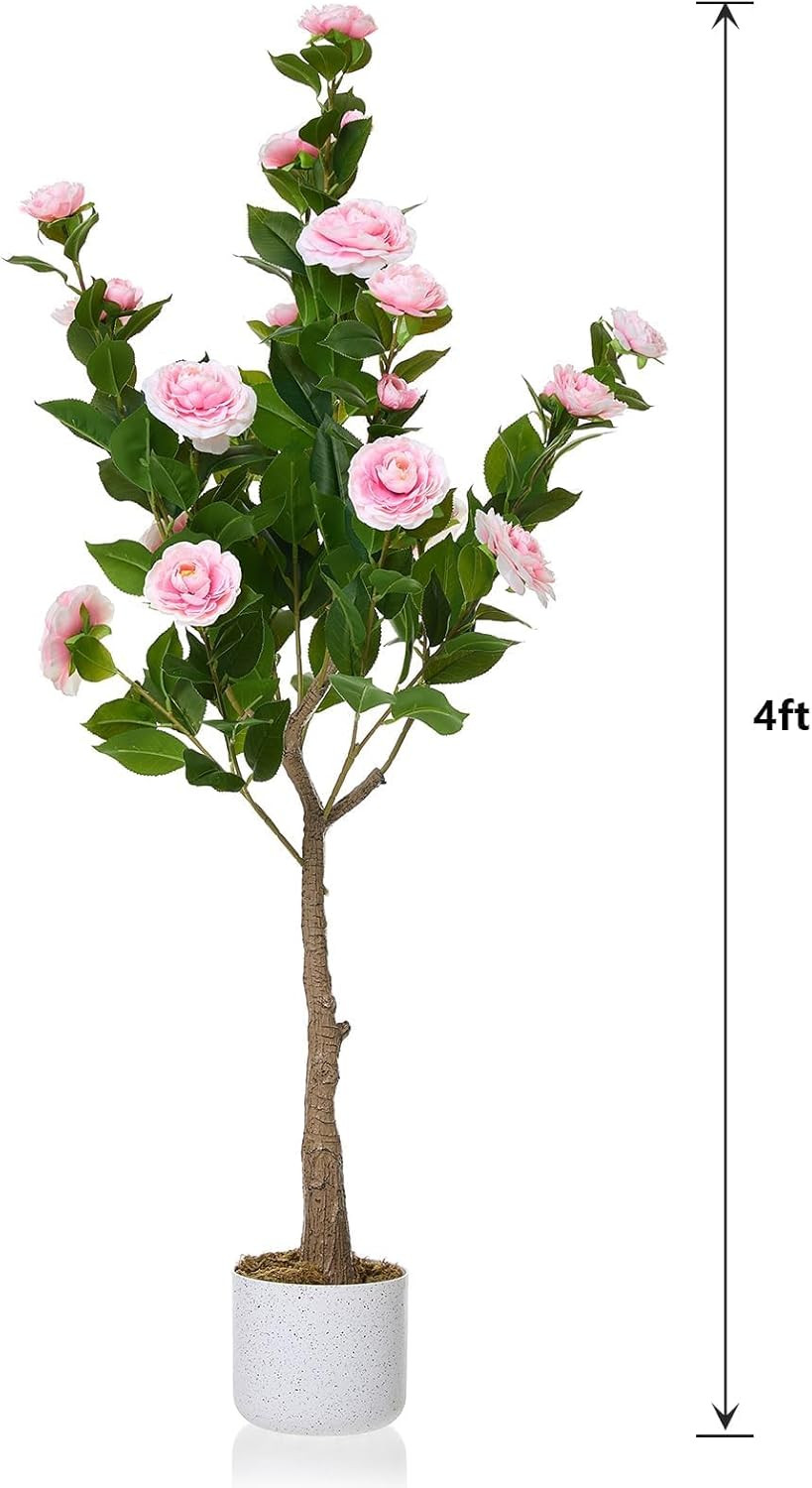 Faux Camellia Tree 2 Pack – 43″ Tall Pink Flowering Plants for Home Decor