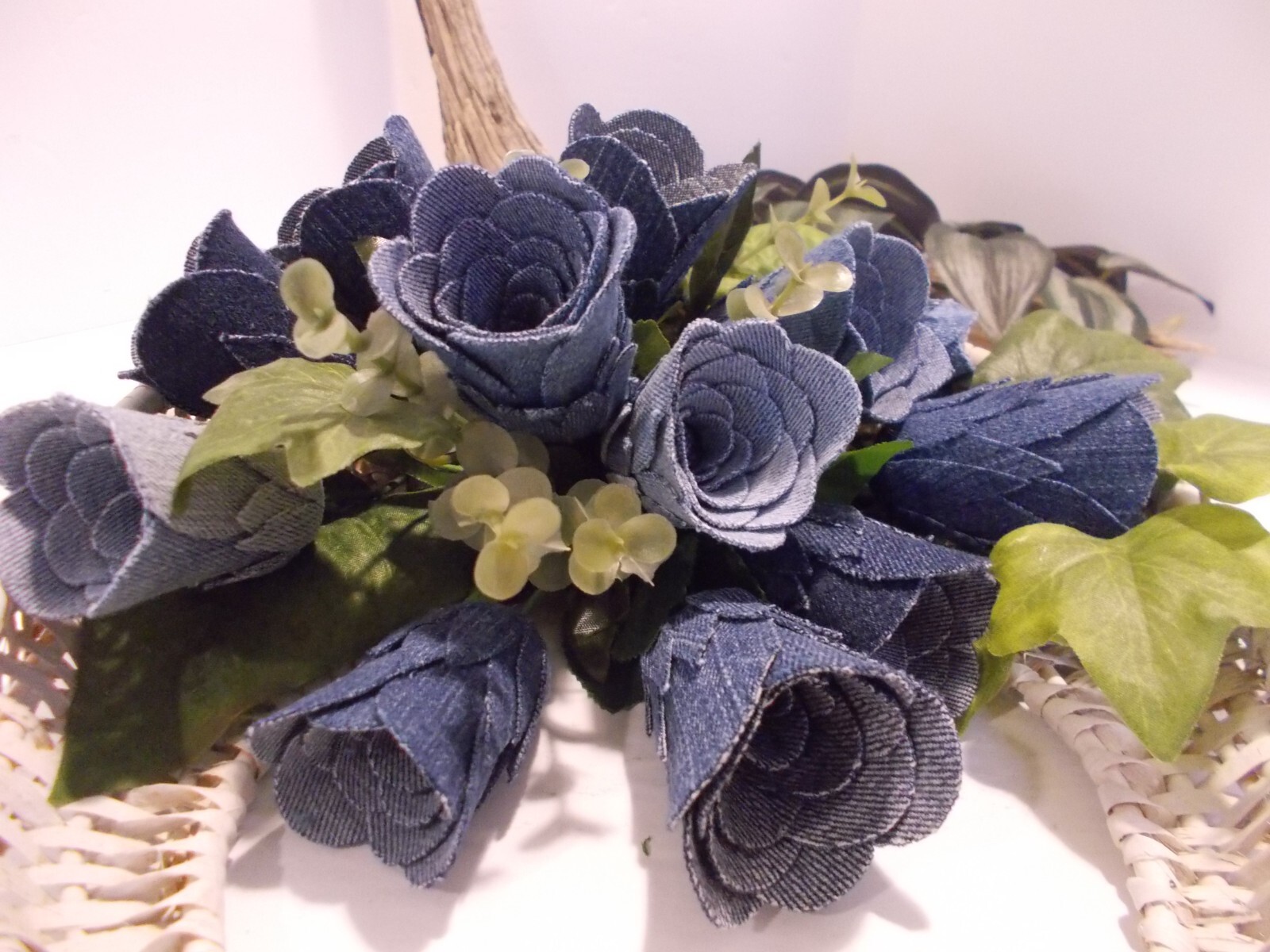 Handcrafted Wall Pocket Basket with 12 Denim Roses – Western Denim Rustic Decor