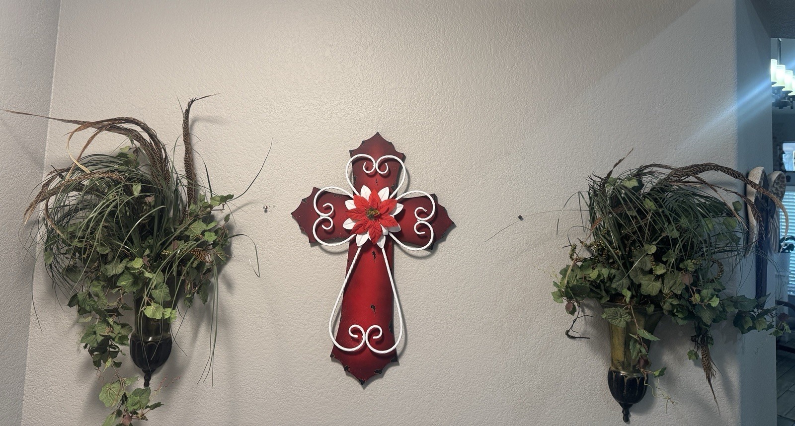Beautiful 2 Mid-Cent. Metal Wall Scones W/Artificial Foliage 25×15 (Cone 11.5×7)