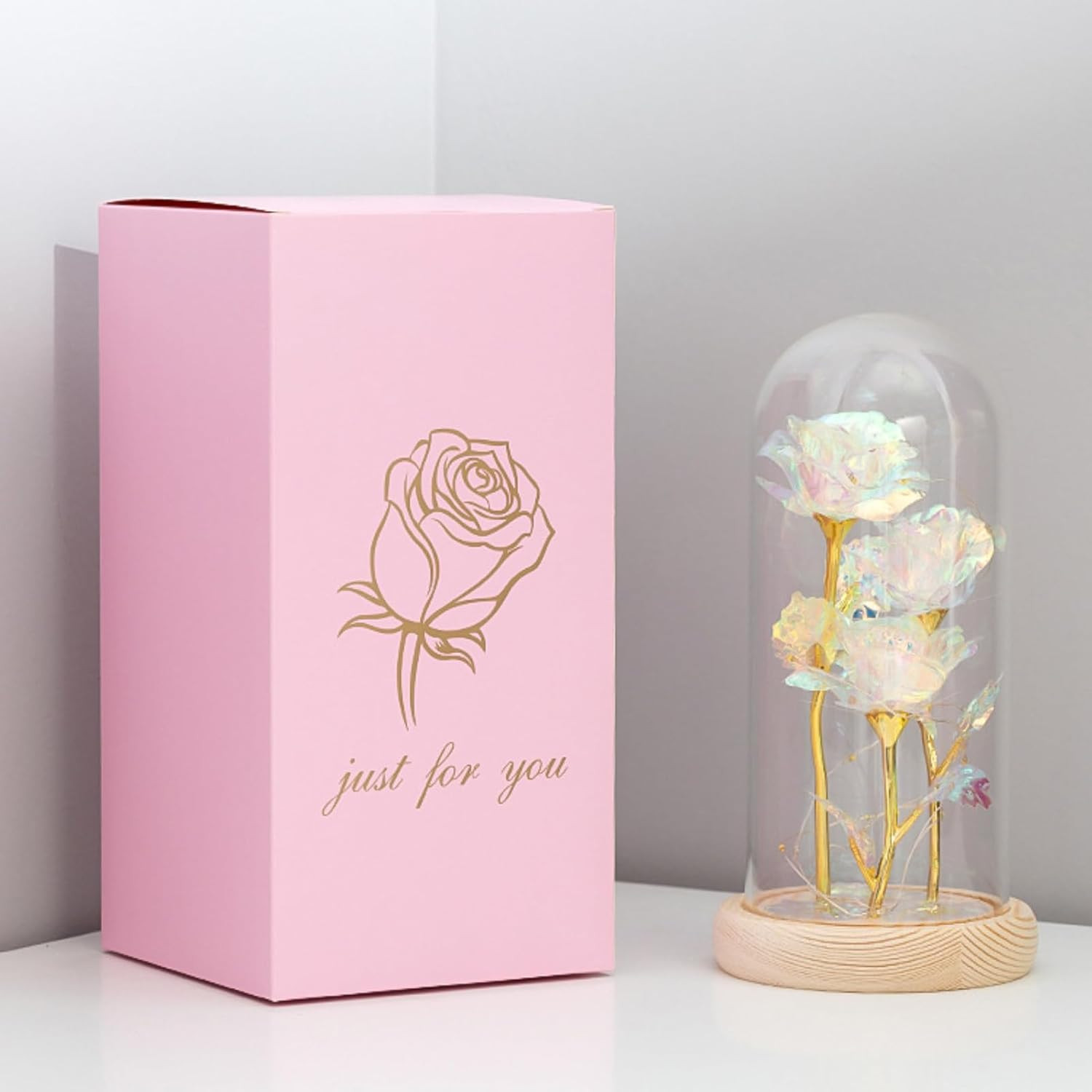 Mothers Day Mom Gifts: Rainbow LED Galaxy Glass Flower Rose in Glass Dome, 3 Col