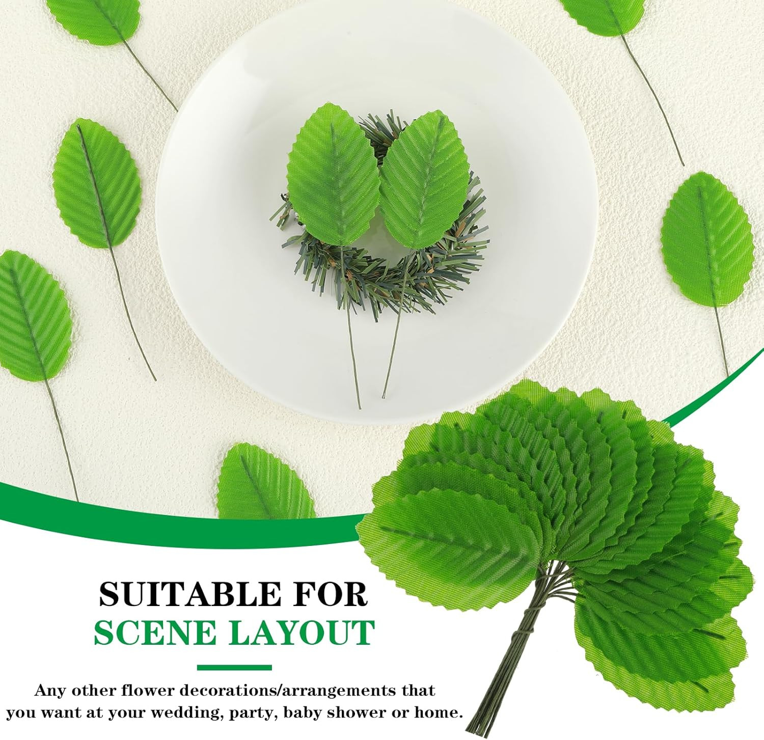200 Pcs Green Silk Artificial Leaves – Fake, Faux Wired Single Leaf – Wire Craft
