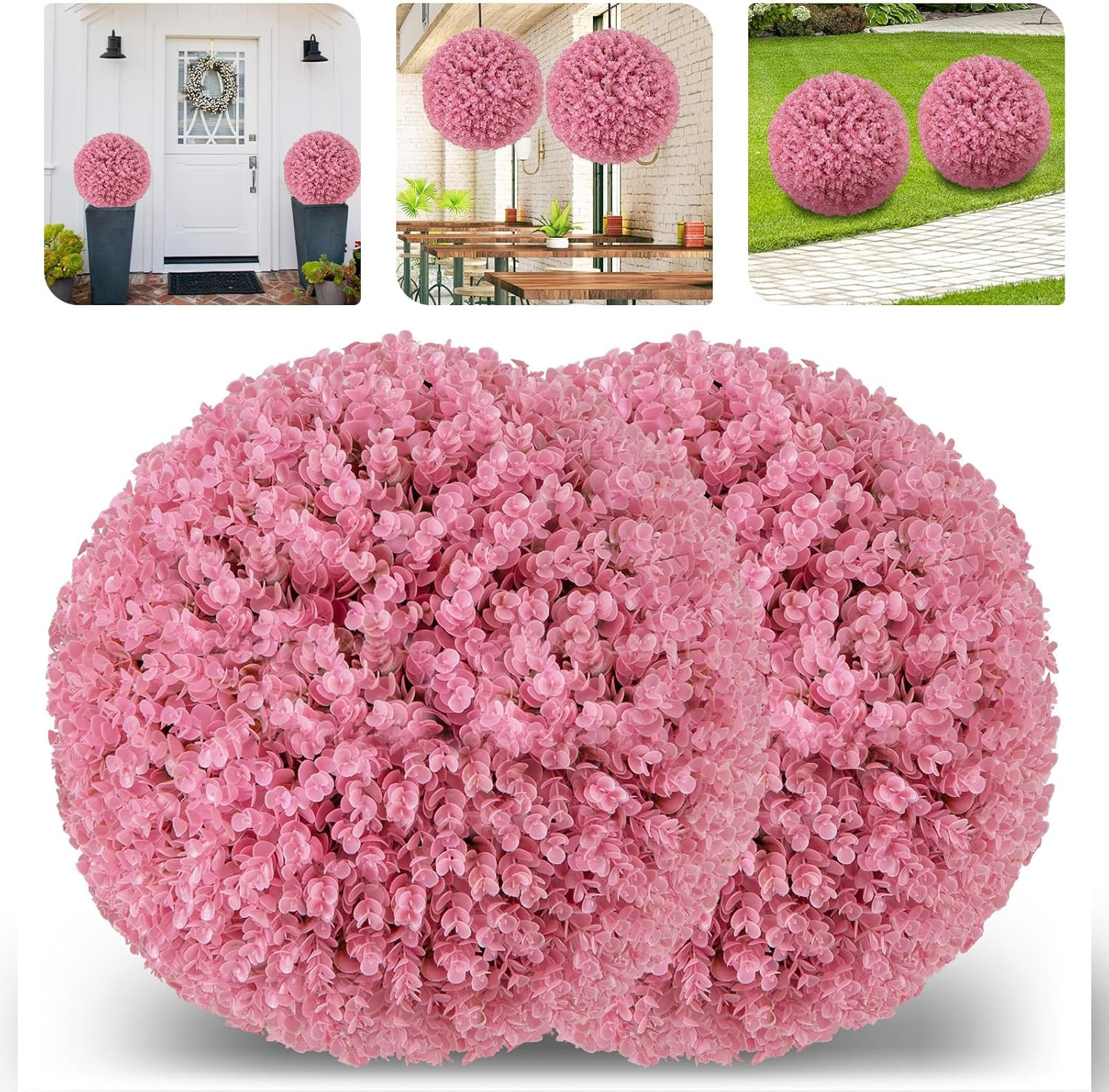 17.5 Inch Topiary Balls Artificial Outdoor Set of 2, Faux Pink Eucalyptus Decora