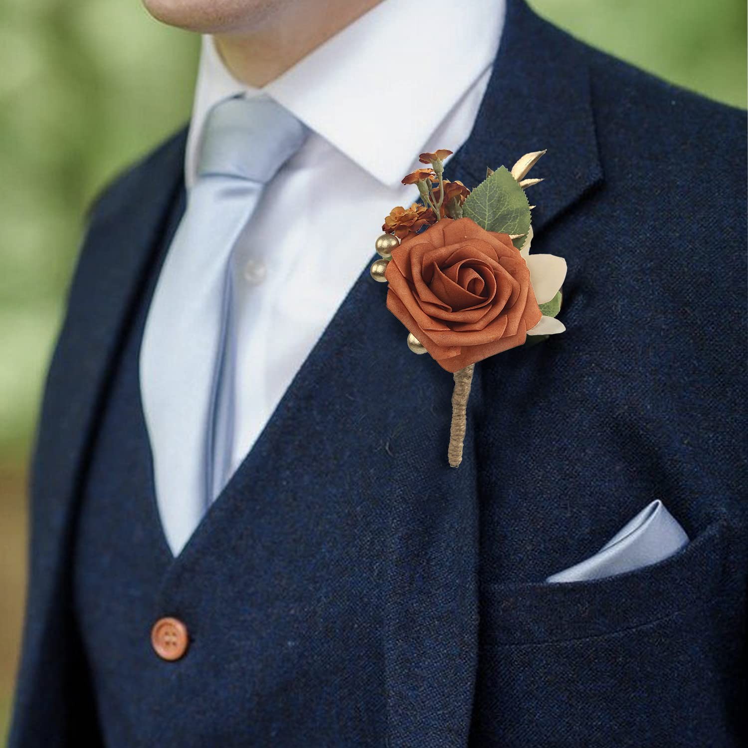 Burnt Orange Boutonniere Corsage Set Terracotta Real Touch Silk Flowers 2Piece