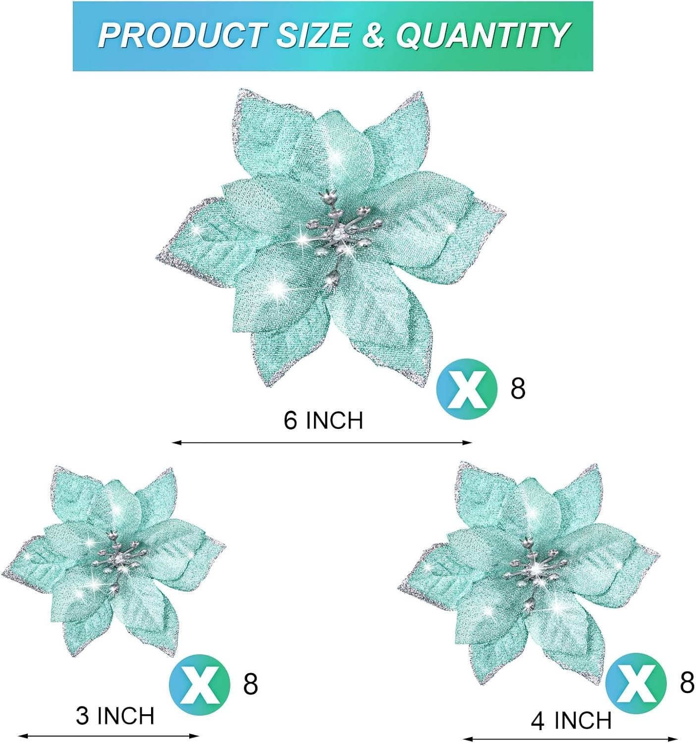 Deluxe 24 Pcs Blue & Green Glitter Poinsettias – Perfect for Christmas Wreaths