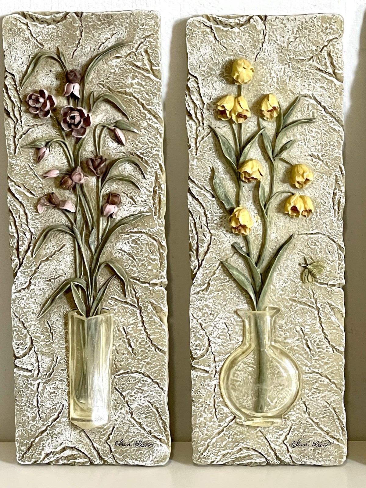 4 Cheri Blum Floral Wall Art 3D Tile Plaque Long Stem Translucent Clear Vase VTG