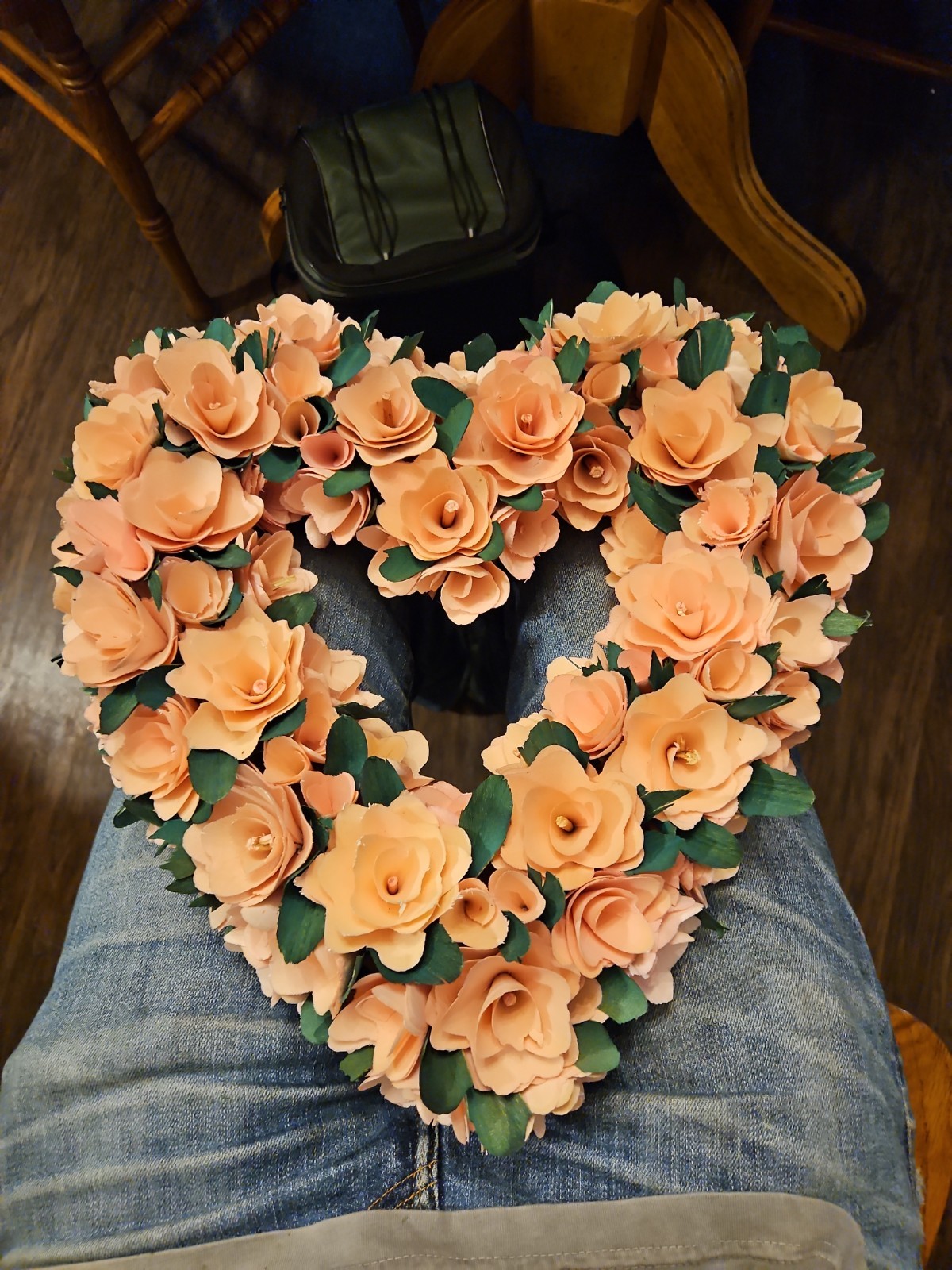 Handmade Curled Wood Shavings Heart Wreath Decor Vintage Roses Elegant