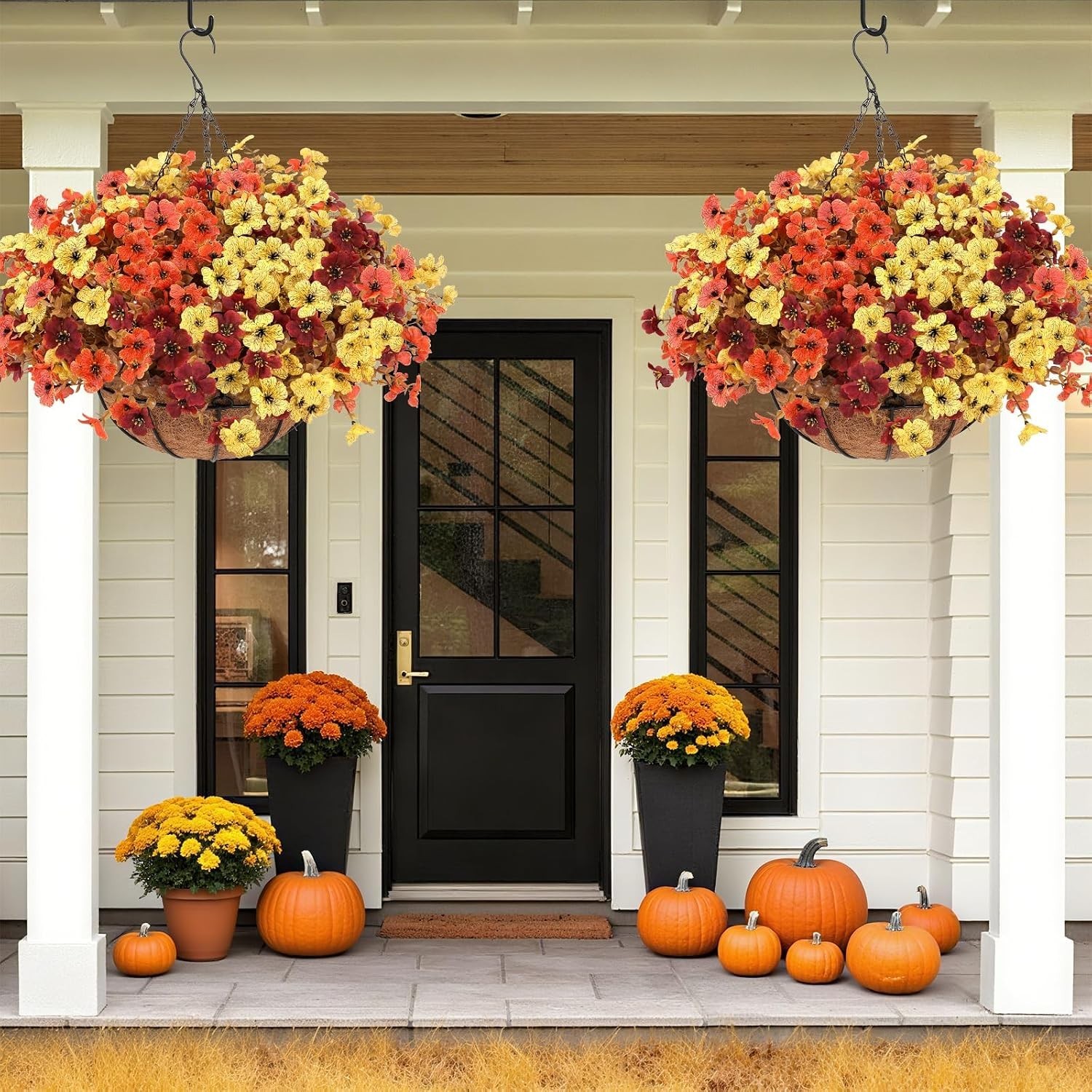 Mixed Color 2-Pack Artificial Hanging Baskets – Vibrant Fall Mums for Outdoors