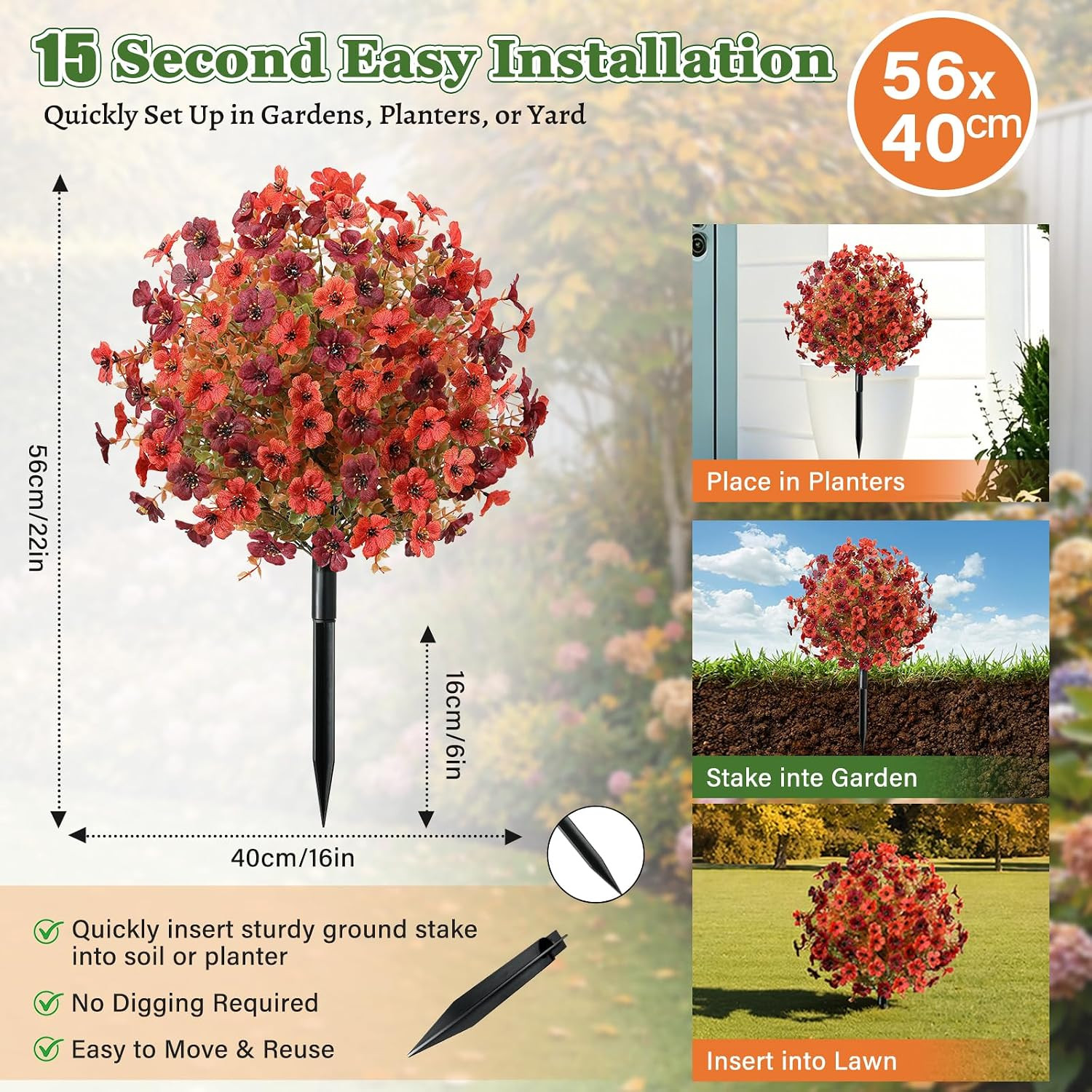 22″ UV Resistant Orange Claret Faux Flowers – 2 Pack, All-Weather Decor