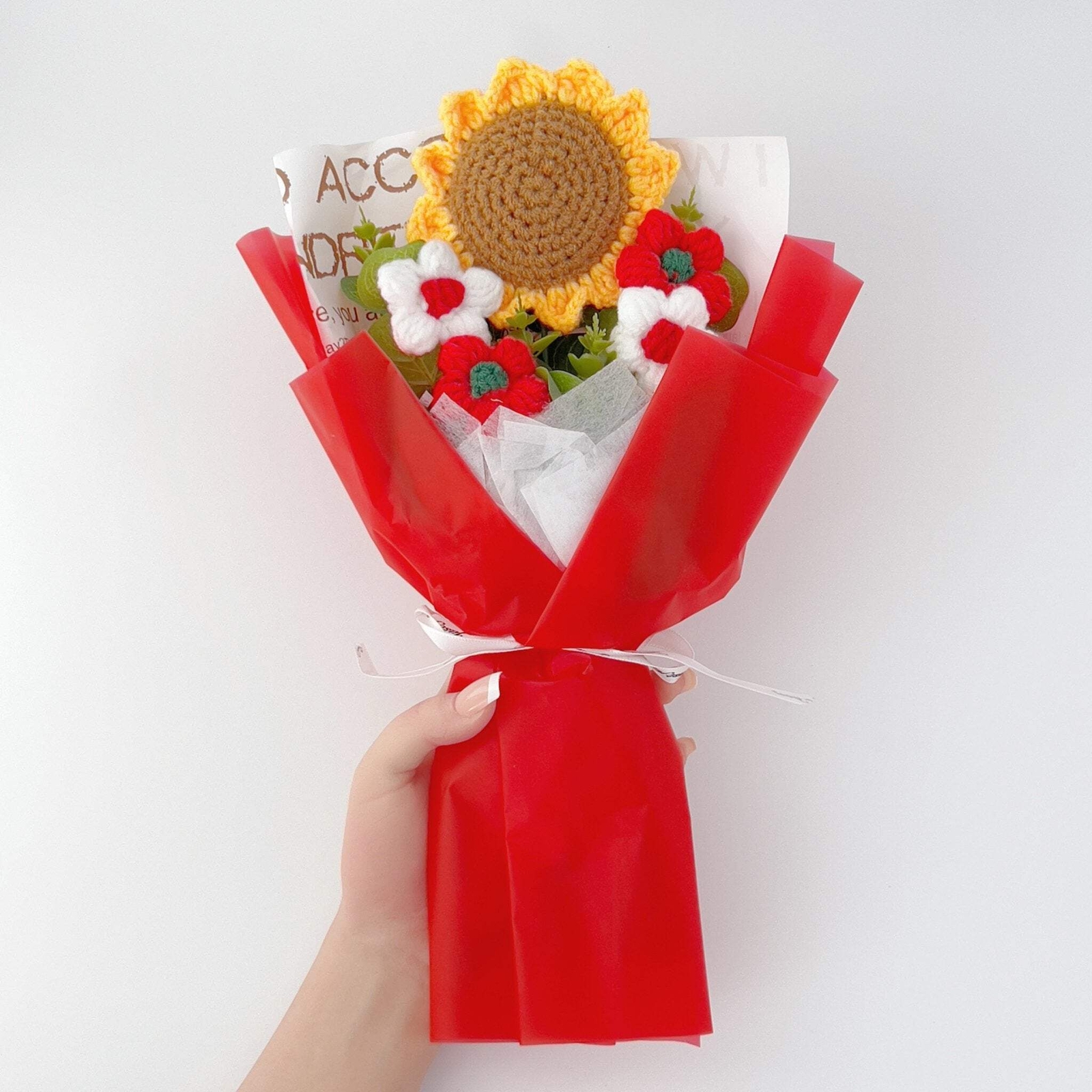 Crochet Flowers Bouquet Sunflower Exquisite Knitted Flower Wrap with Light Ready