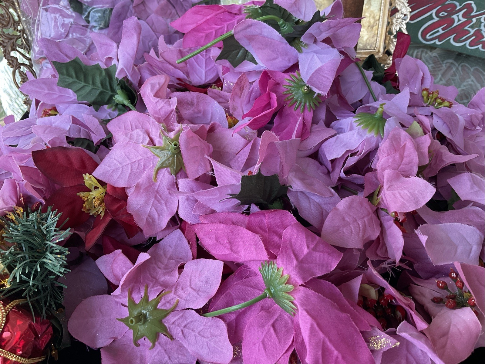 Pink Poinsettia Gold Glitter Artificial Flower Heads Pic Lot Holiday Decor Craft