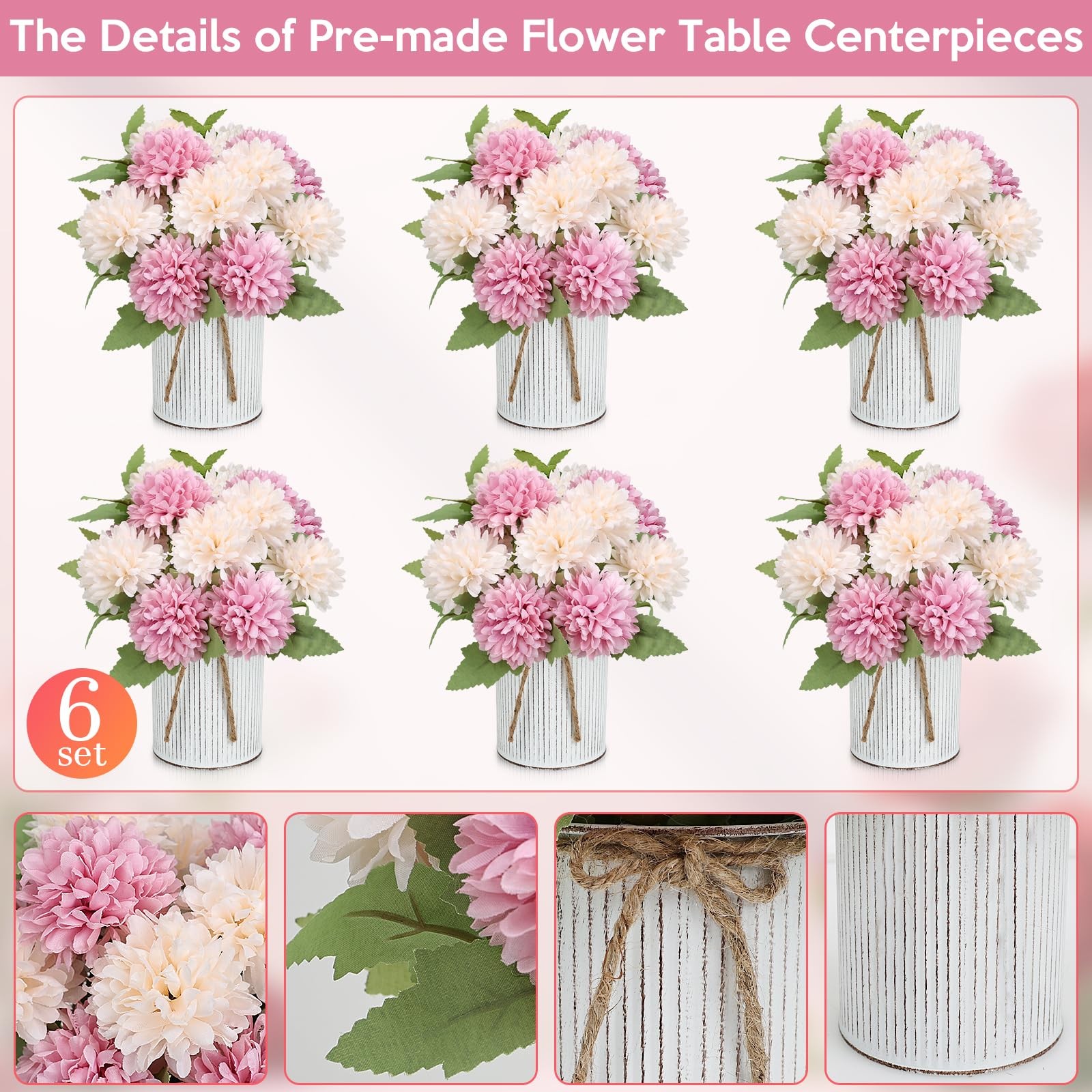 6 Set Pre-Made Flower Table Centerpieces – Dusty Pink & Champagne