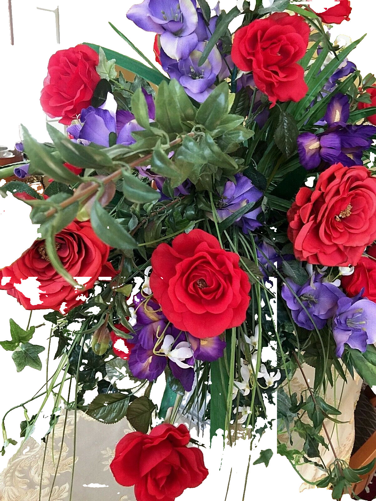 Large Silk Flower Centerpiece – Red Roses, Iris, Green Leaves – 37″x 33″