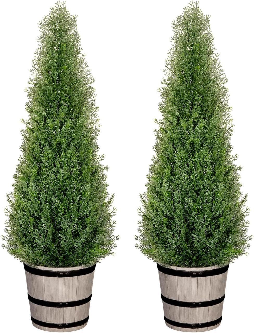3FT Artificial Cedar Topiary Trees with Rustic Barrel Planter, Outdoor Indoor Re