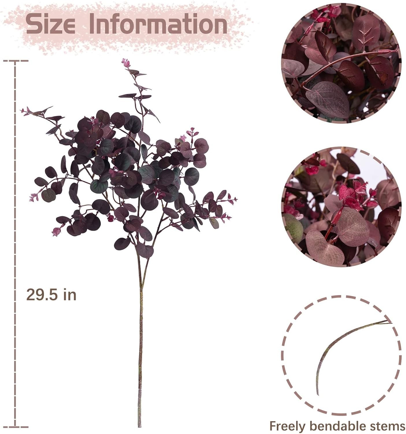 Elegant 3Pcs Wine Red Artificial Eucalyptus Stems – 29″ Indoor & Outdoor Decor