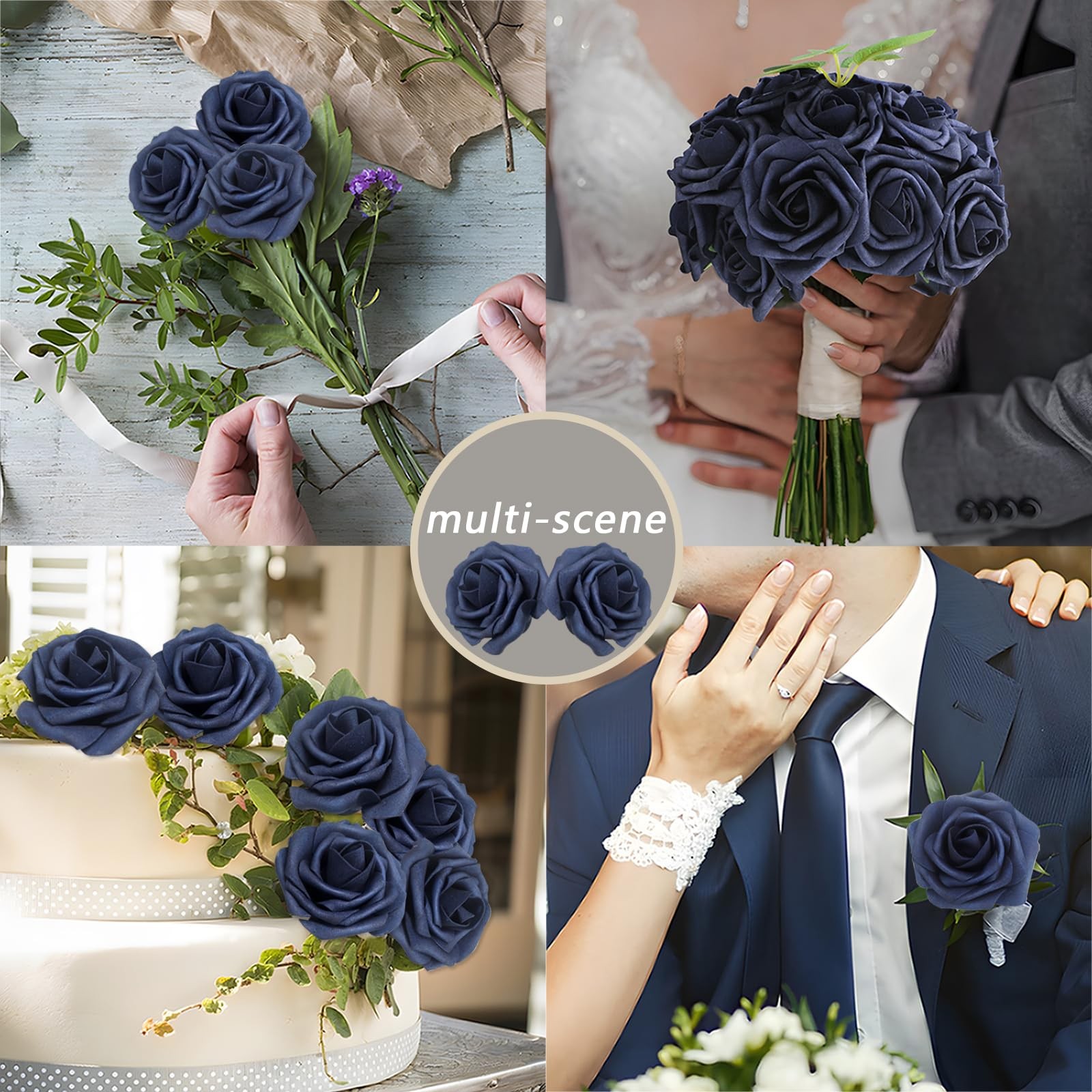 100 PCS Navy Blue Artificial Foam Roses Real Looking Fake Flower DIY Wedding