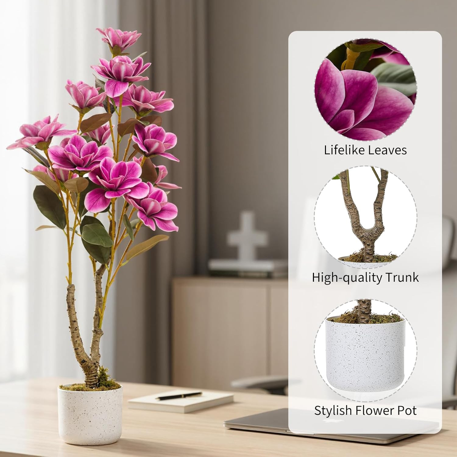 Pink Faux Magnolia Tree – 37.4″ Artificial Yulan Orchid Plant for Home Decor