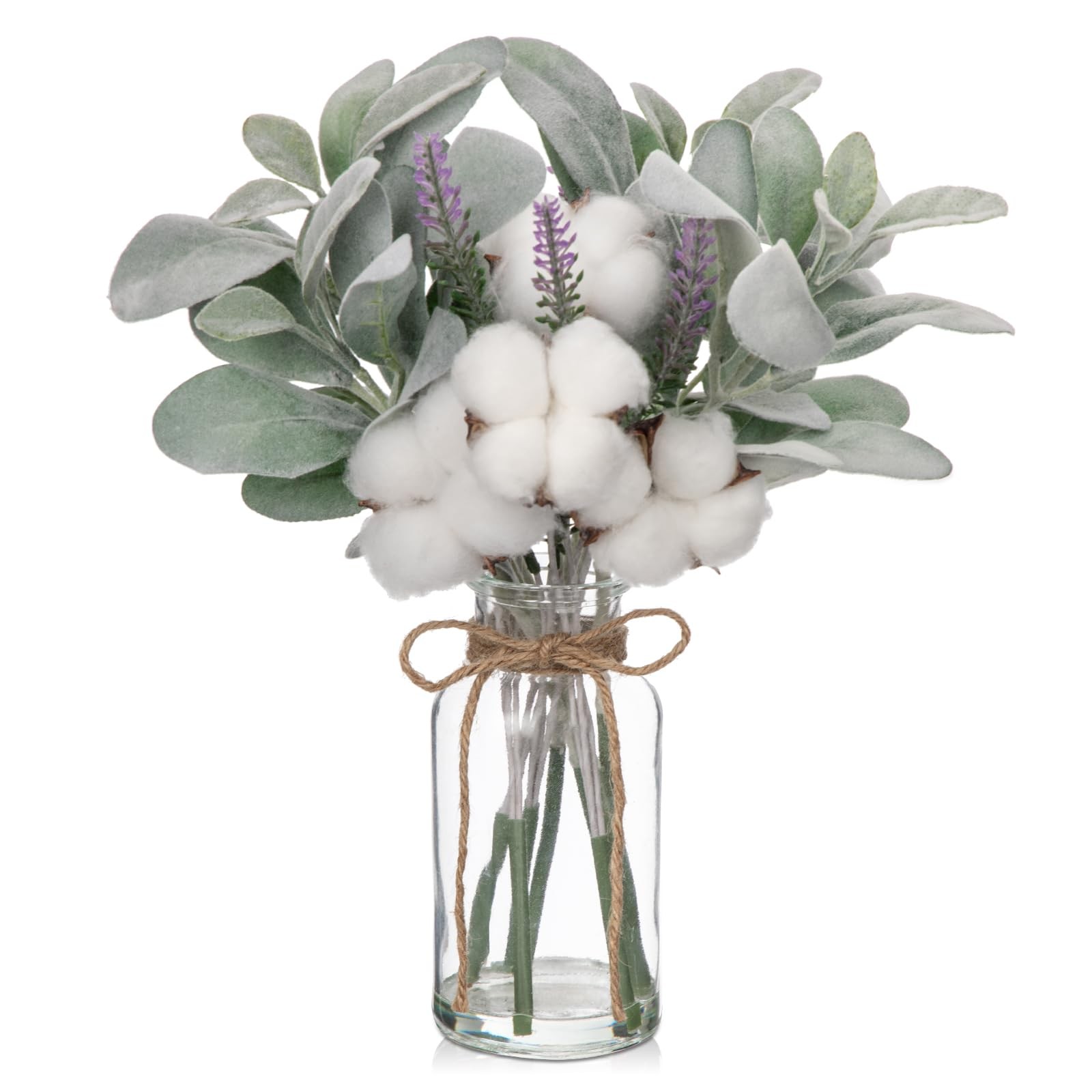 Artificial Lamb’s Ear Stems in Glass Vase with Faux Water, 14″ Fake Plant Lav…