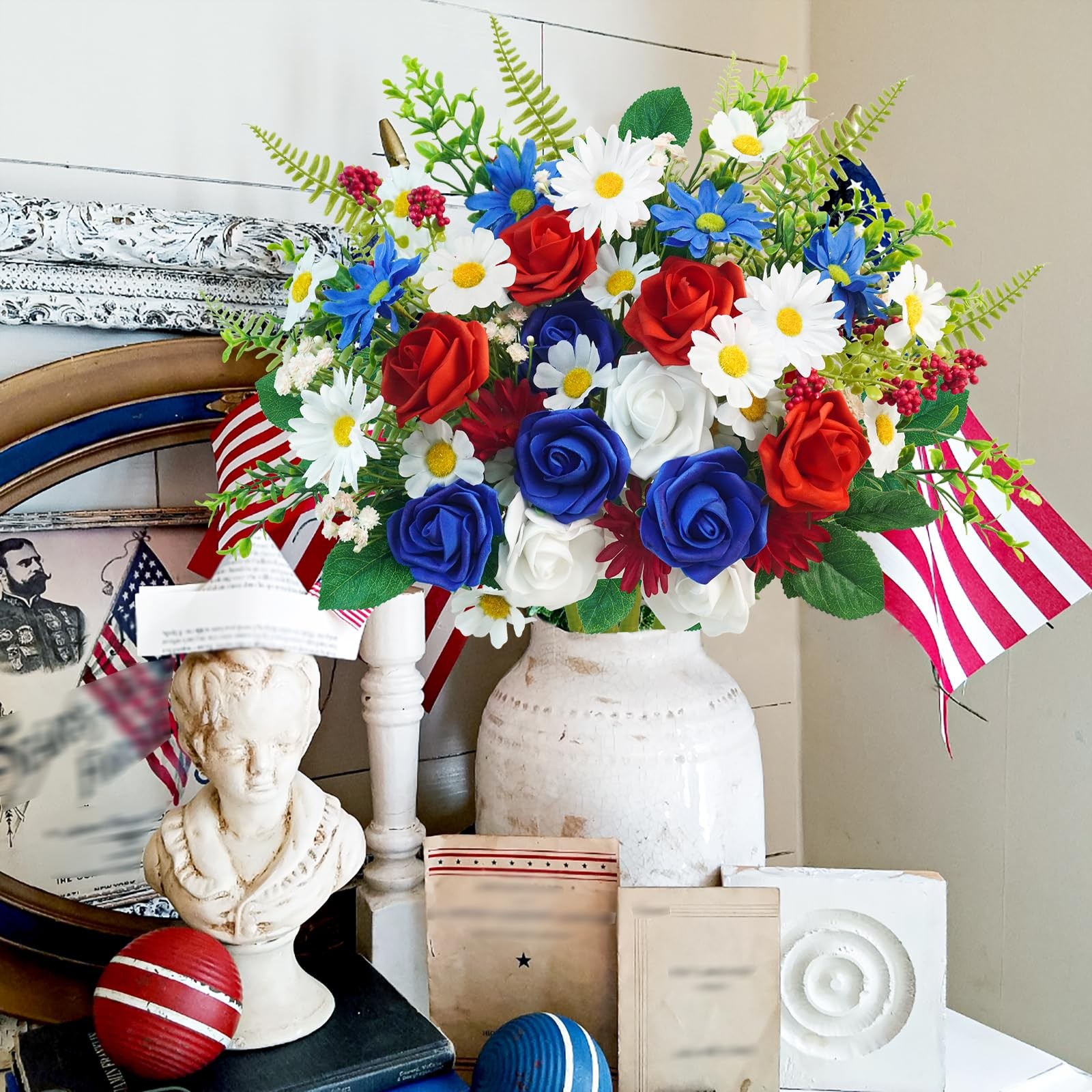 8 Bundles Patriotic Artificial Flowers 4th Of July Red White Blue Silk Rose