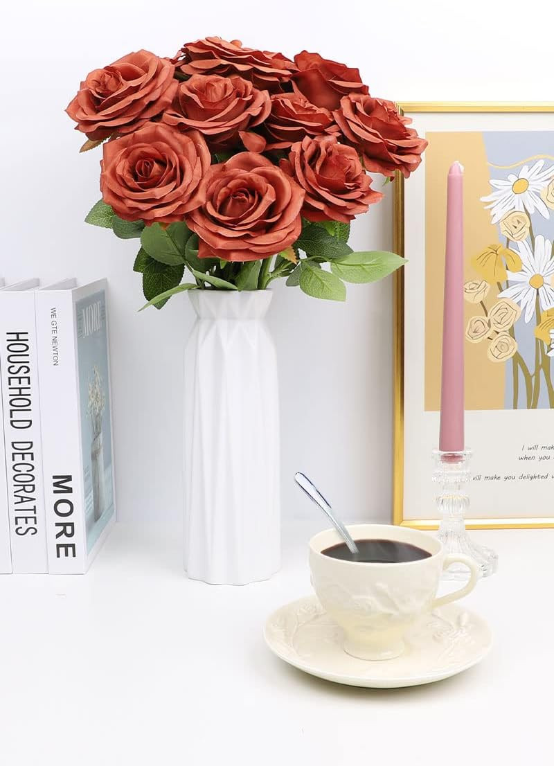 Artificial Rose Flowers Burnt Orange Rose Flowers Silk Flowers 12 Pcs