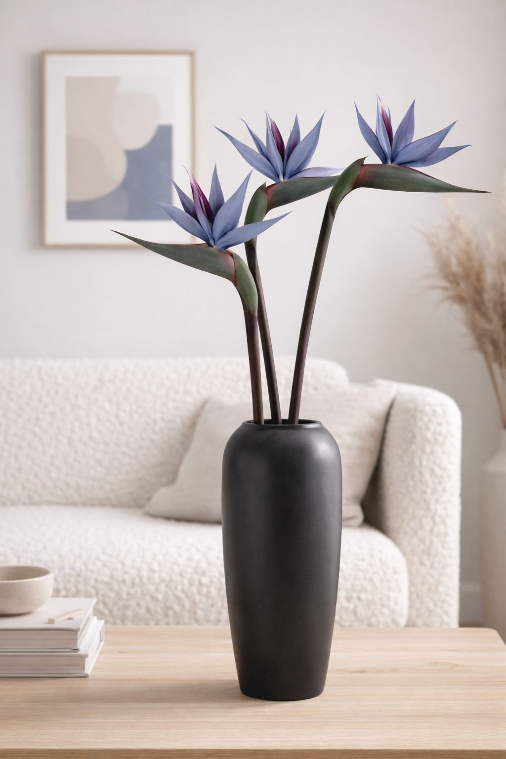 Bird of Paradise Stems Set of 3 Faux Tropical Flowers 30 Inch Tall Moody Blue Pu