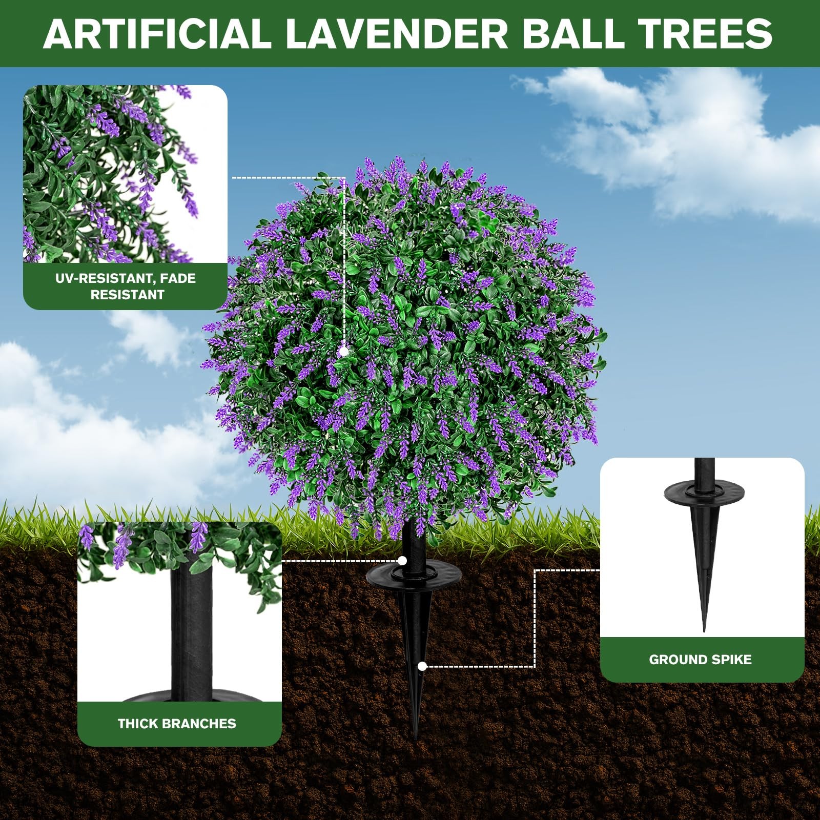 Artificial Lavender Topiary Ball Trees 18″ with Ground Spike, Set of 2 UV Res…