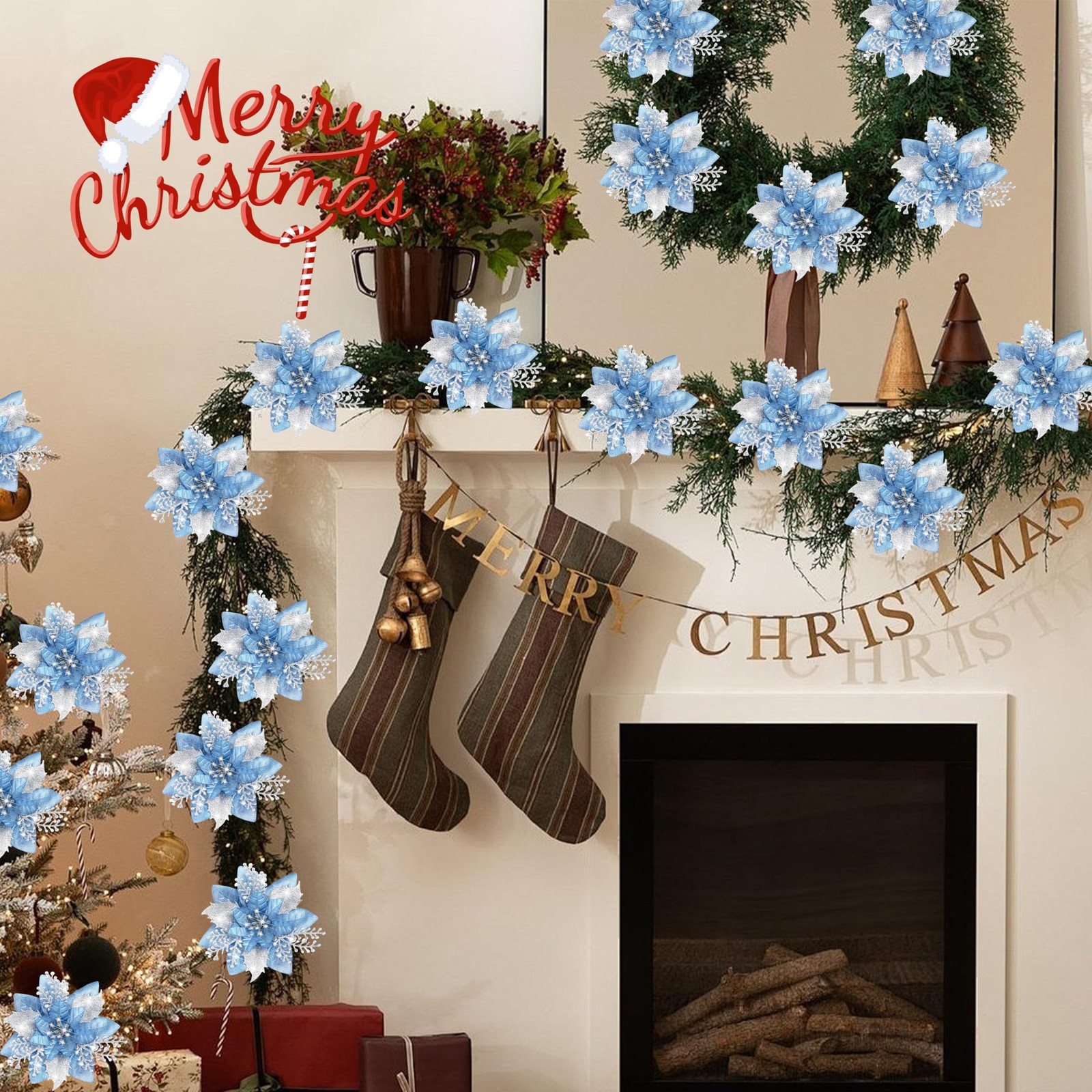 Artificial Christmas Flowers 24 PCS 5.9 Inch Glitter Poinsettias Blue Clip