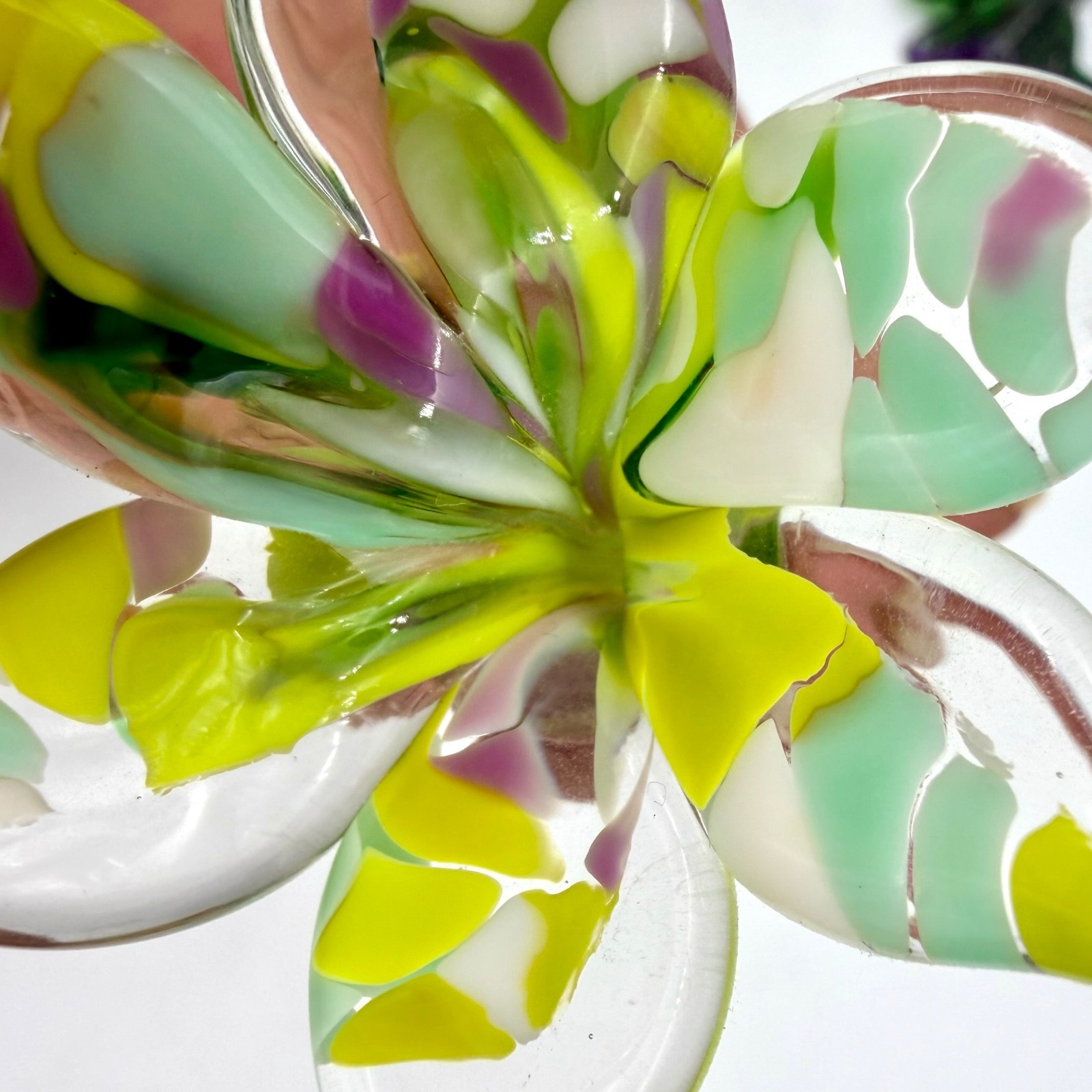 Vtg Hand Blown Art Glass Flowers Murano Style Green Purple Yellow Frit Set 2