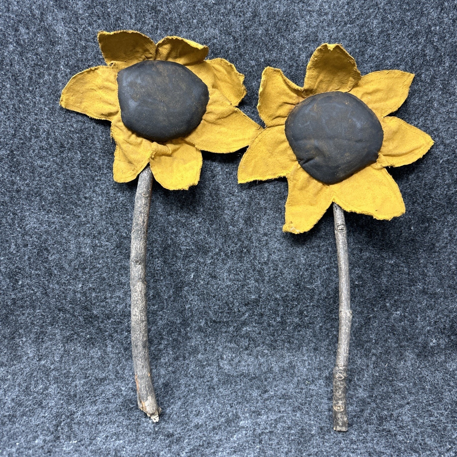 TWO Handmade Wooden Sunflower Stems Rustic Farmhouse Floral Decor Yellow Flower
