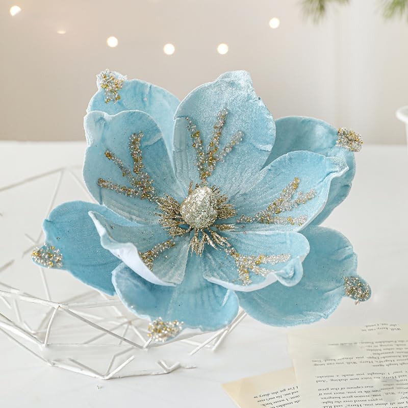 6 PCS Blue Christmas Glitter Magnolia Artificial Velvet Flowers Tree Wreath