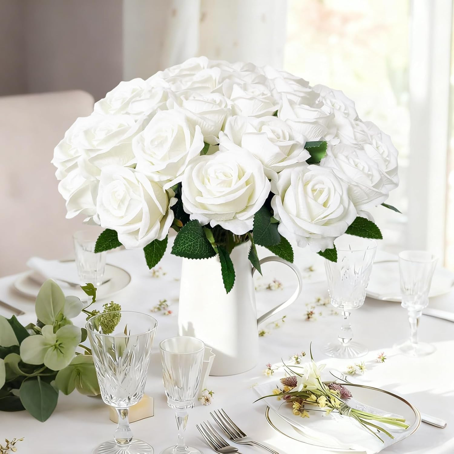 100 Pcs White Fake Roses Bulk Artificial Flowers, Artificial Velvet Silk Roses B