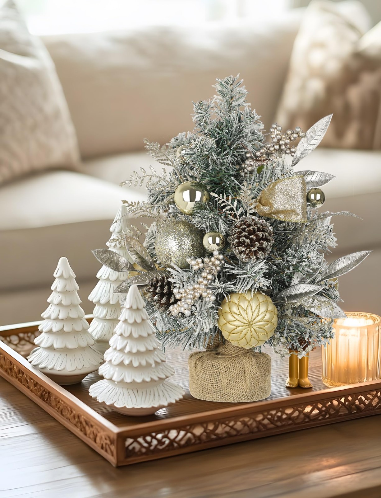 19 Inch Flocked Small Mini Tabletop Christmas Tree Ornaments Berries Pinecones