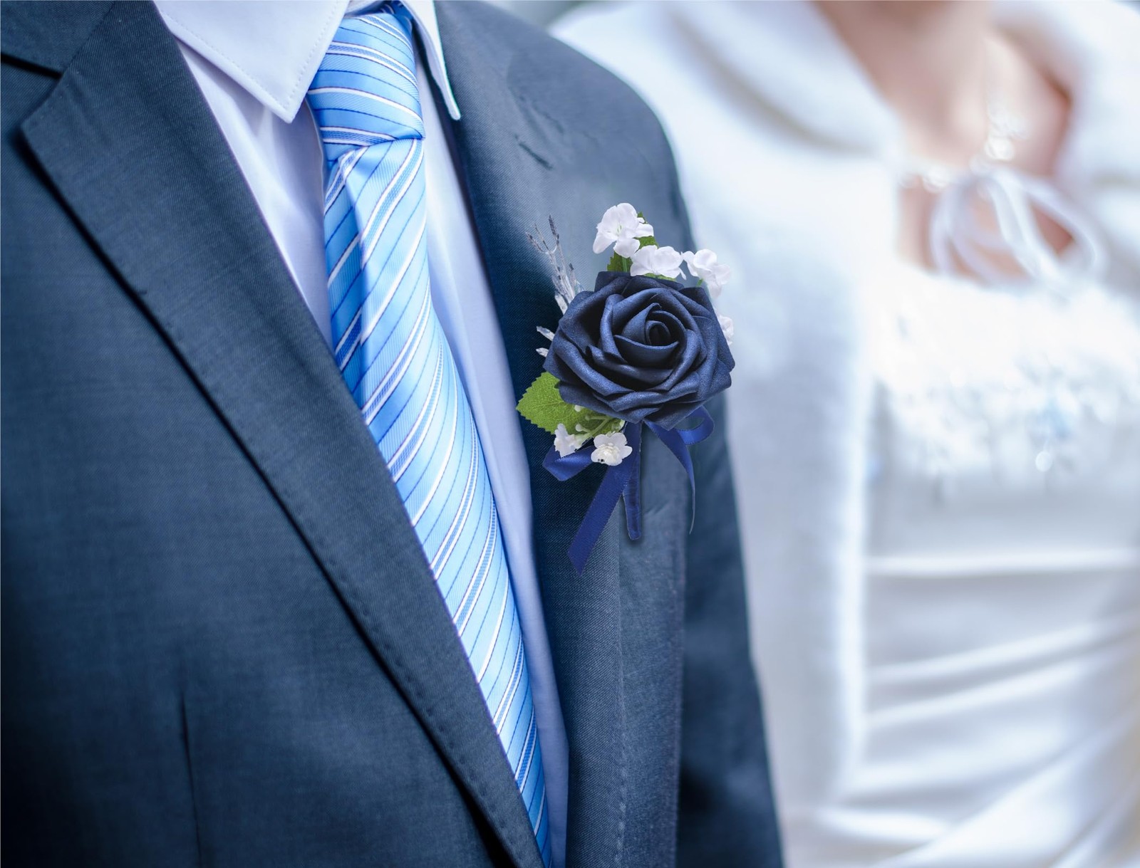 Dark Navy Blue Artificial Foam Rose Groom Groomsmen Boutonniere 2 PCS