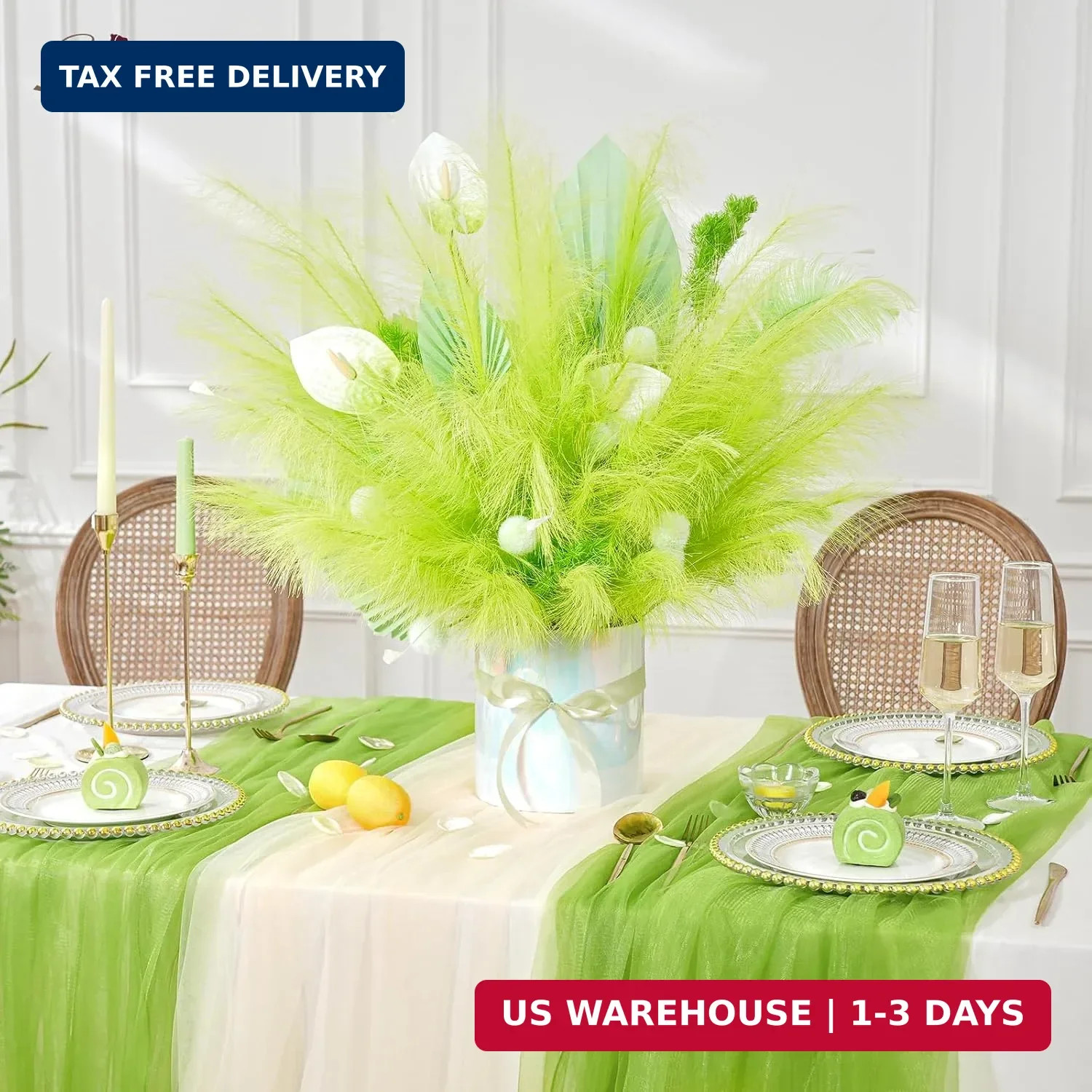 Serwalin 60PCS Pampas Grass Home Decor, 17.7Inch Light Green Faux Pampas Grass B