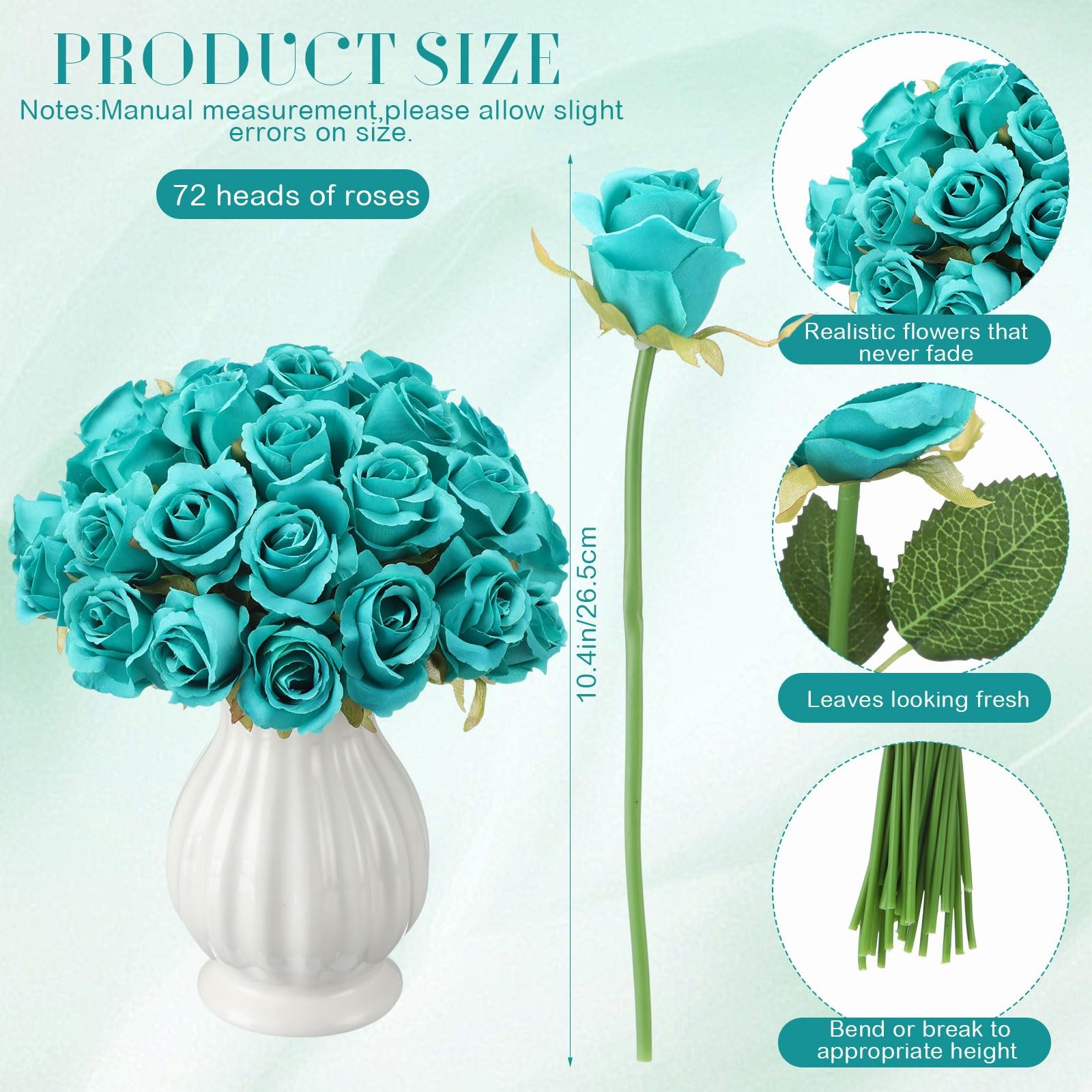 72 Heads Teal Artificial Flowers Turquoise Rose 6 Bouquet Wedding Decoration …