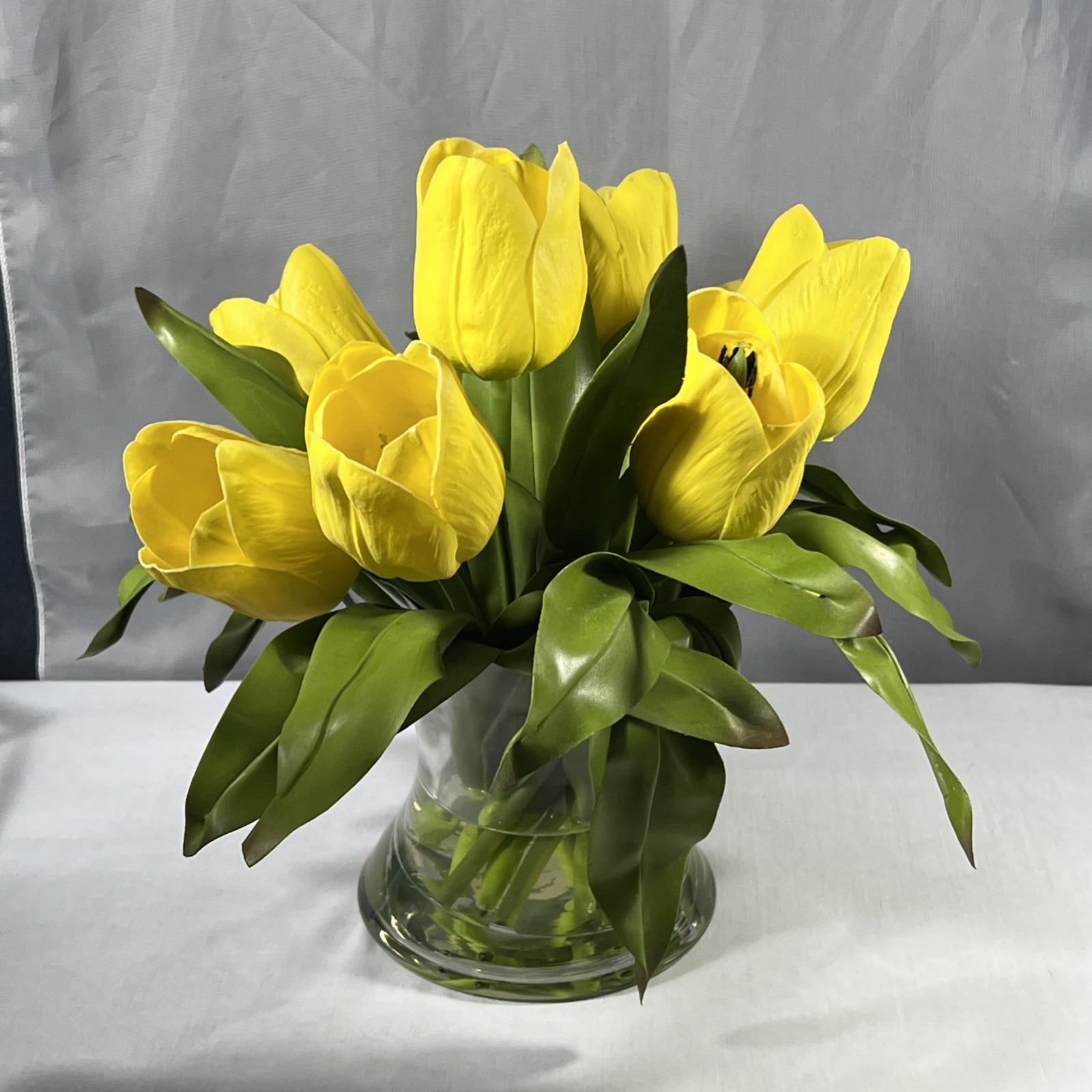 9 Yellow Silk Tulips Centerpiece Feel Real Flowers in Glass Vase w/ Faux Water