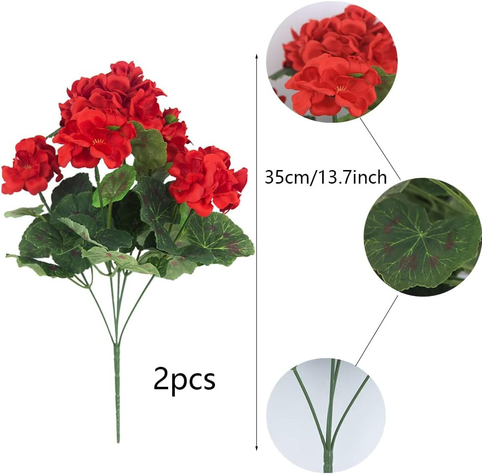 2 Pcs Artificial Red Geranium Bush Faux Flowers Geraniums Silk Flowers Outdoor P