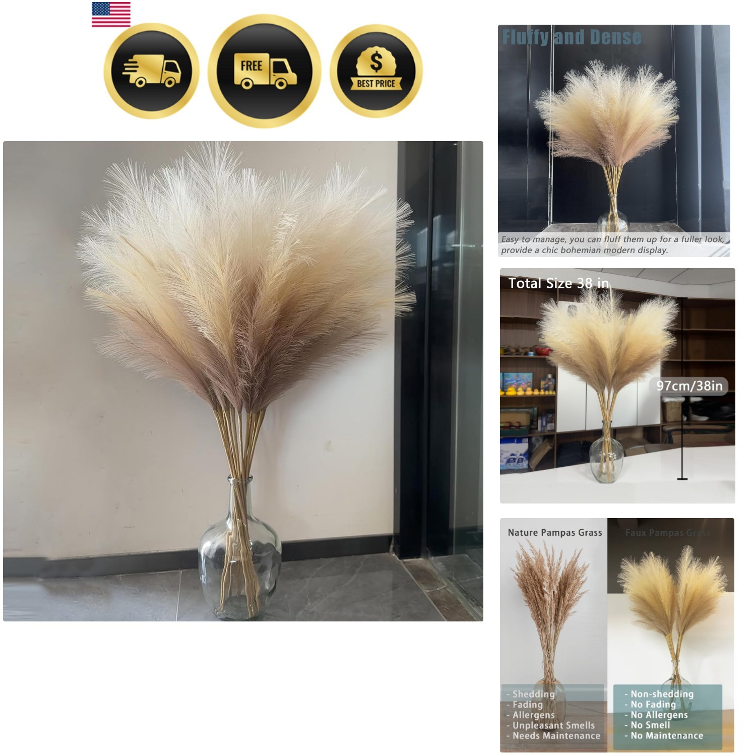 38″ 10 Stems Faux Pampas Grass Decor – Tall Pampas Grass for Floor Vase, Boho…