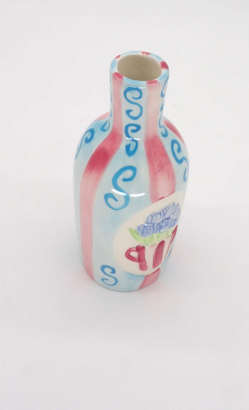Blue and Pink Striped Bud Vase with Tulips 7″ Spring Decor