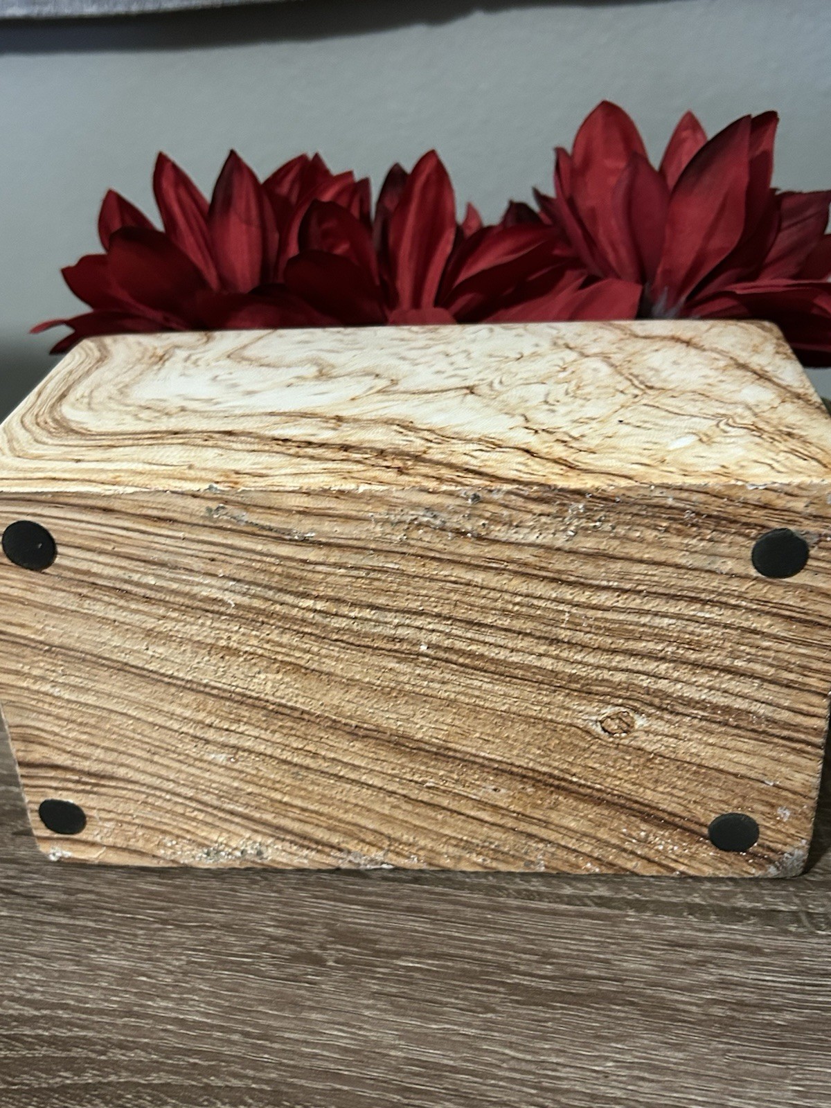 Heavy Faux Stone Planter Deep Red Silk Dahlias Floral Arrangement Centerpiece