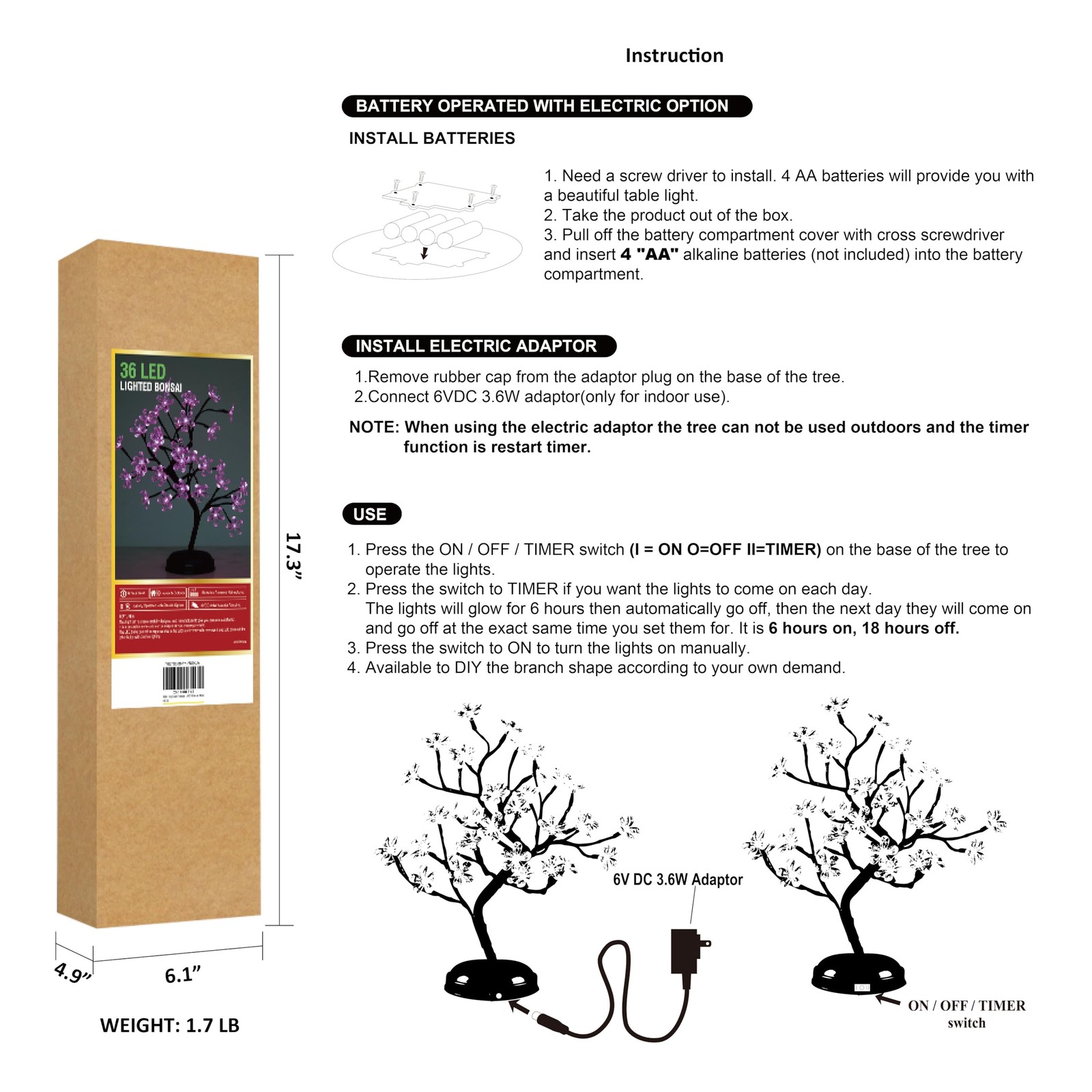 18-inch Crystal Flower LED Bonsai Tree, Pink Light, 36 LED Lights, Battery Po…