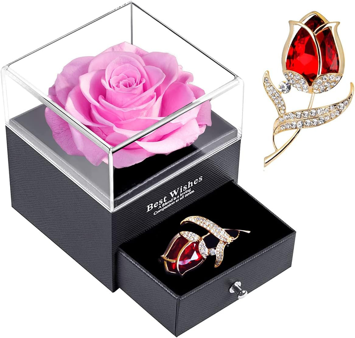 SWEETIME Preserved Red Rose Gift Box- Enchanted Real Roses with Ruby Brooch, Ete