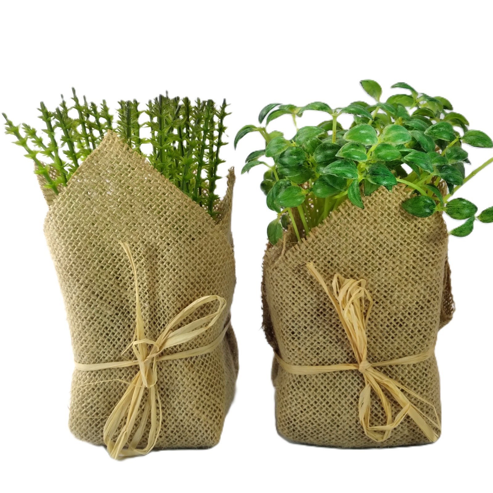 2 Pcs Small Artificial Plants Wrapped in Burlap Farmhouse Green Cottage 6.5-7″ T