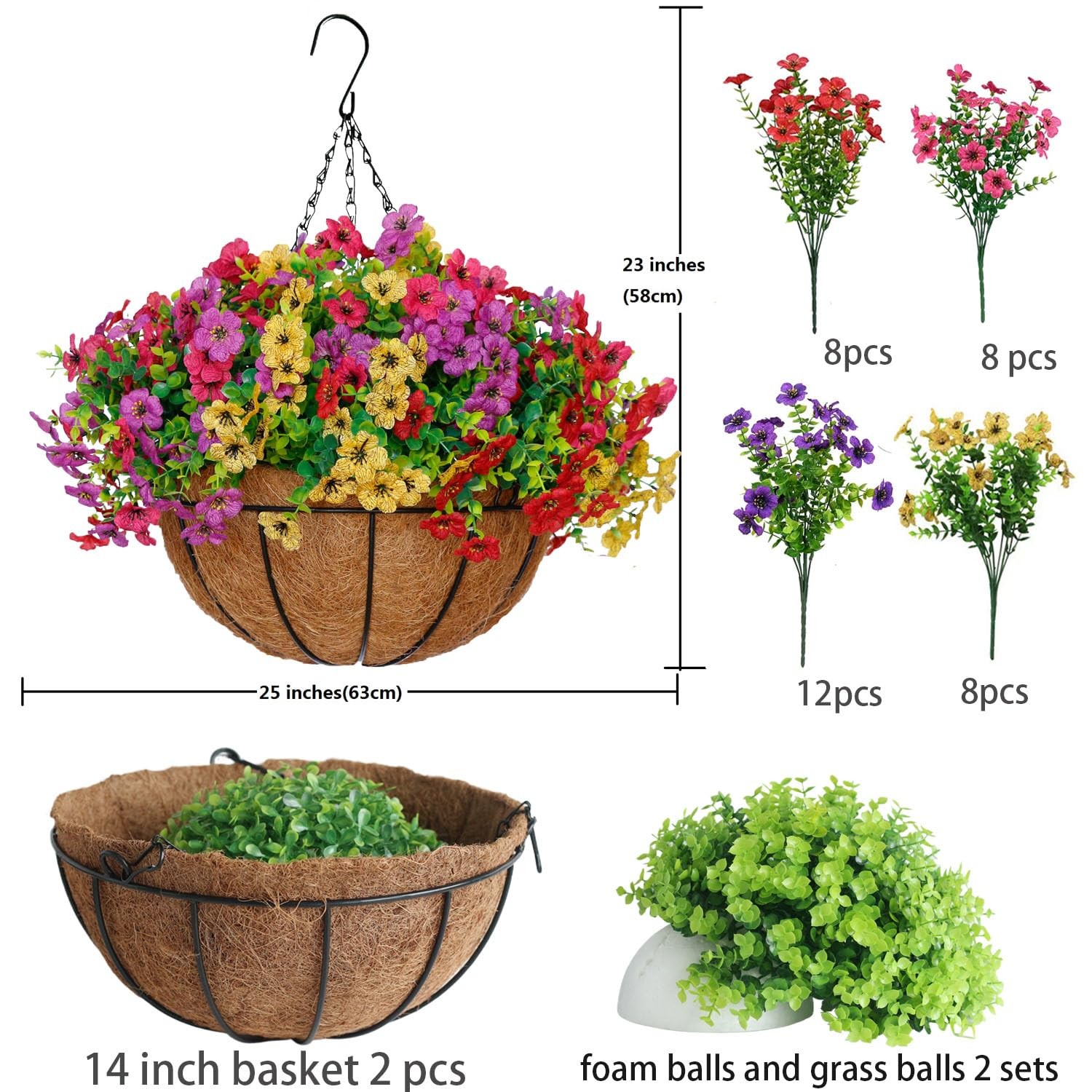 14 Inch Artificial Hanging Plant Baskets with 36 Pcs Flowers for Outdoor Deco…