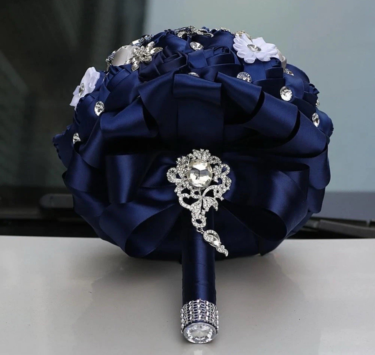 Quinceañera Bouquet with Luxury Bling Rhinestone Brooch Satin Rose Royal Blue