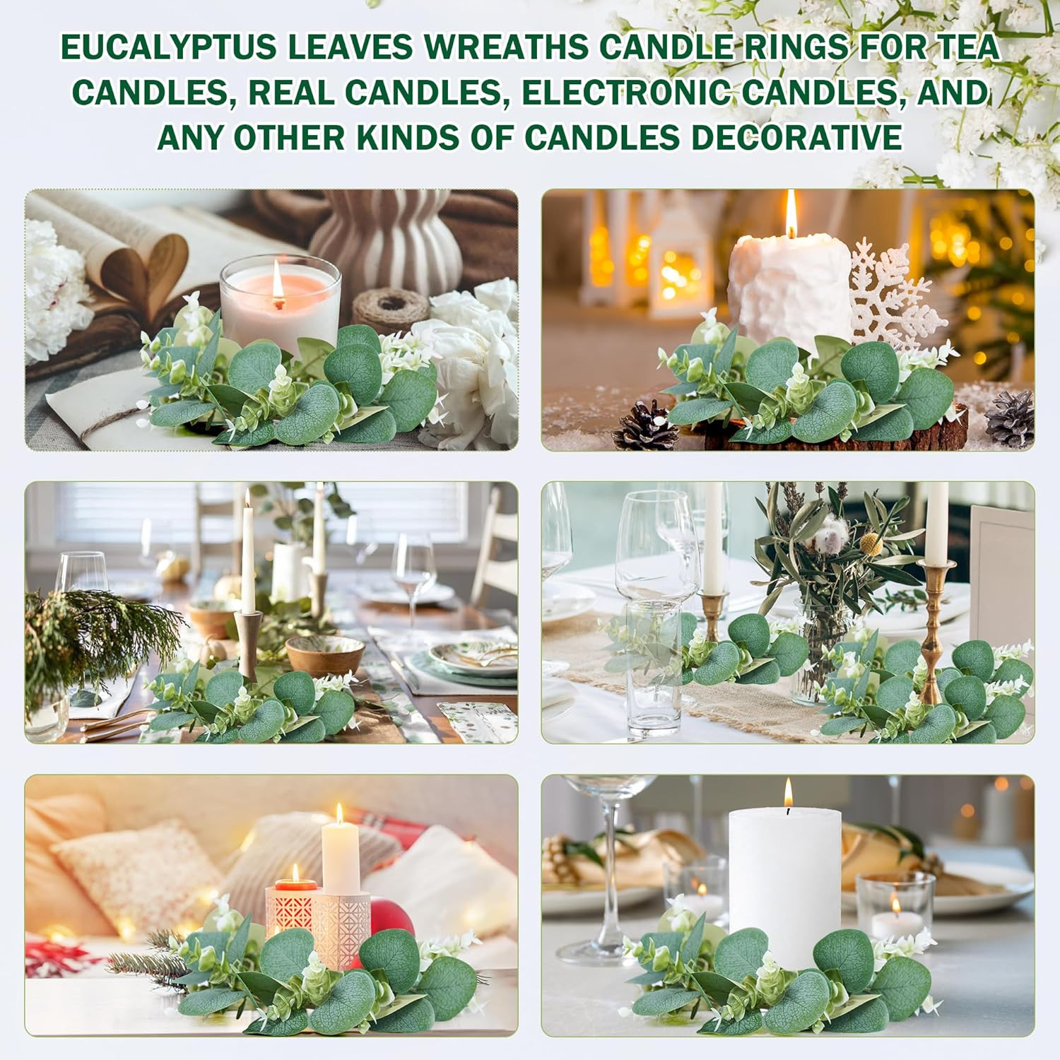 20Pcs Eucalyptus Candle Rings Wreaths, 11″ Greenery Decor for Home & Events