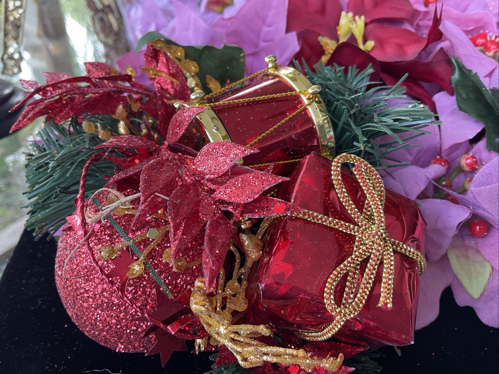 Pink Poinsettia Gold Glitter Artificial Flower Heads Pic Lot Holiday Decor Craft