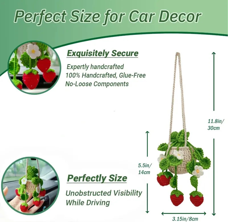 Car Crochet Hanging Plant Basket Strawberry Ornament Rear View Mirror Decor