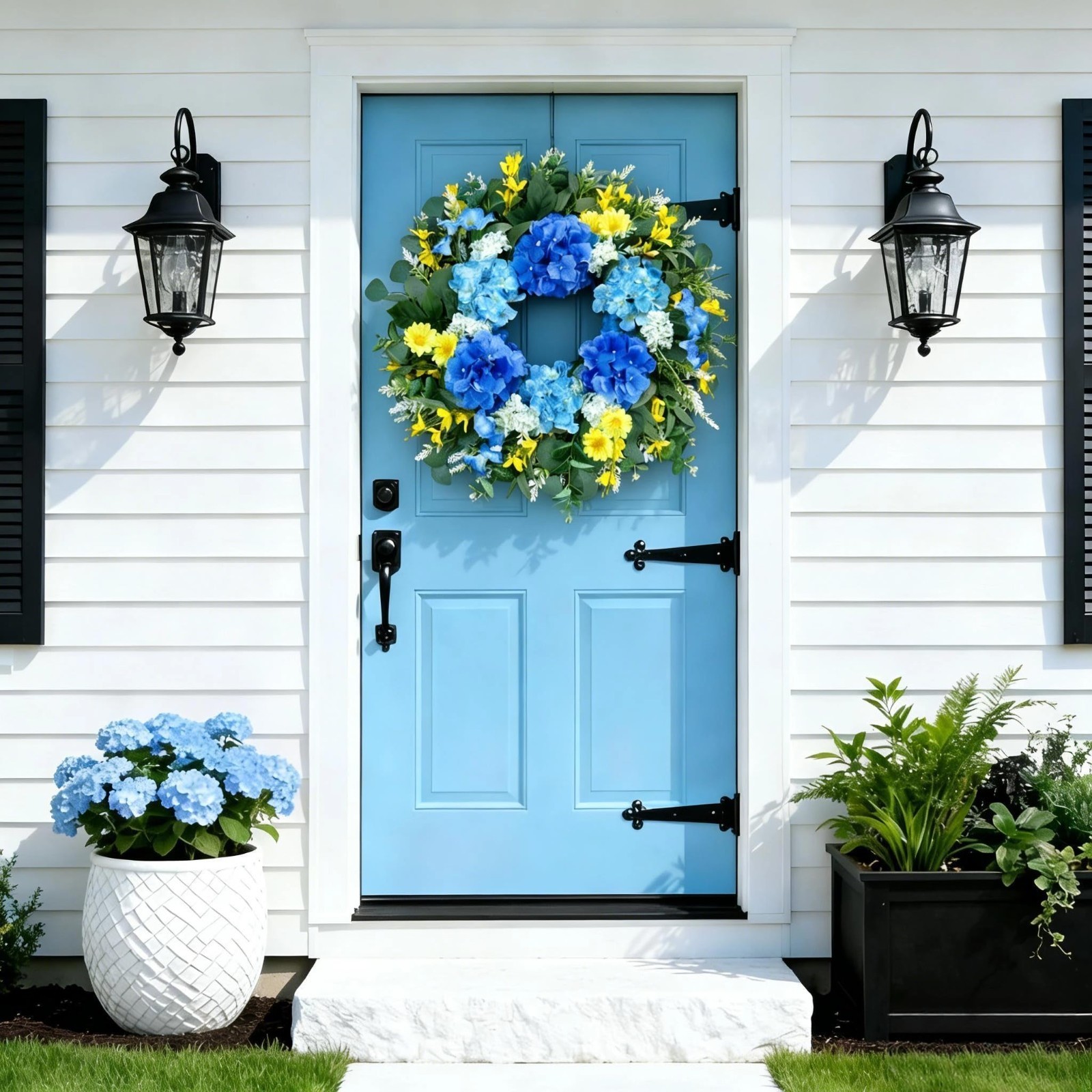 Large 26″ Artificial Spring Wreath – Silk Hydrangea, Yellow Daisy & Eucalyptus –