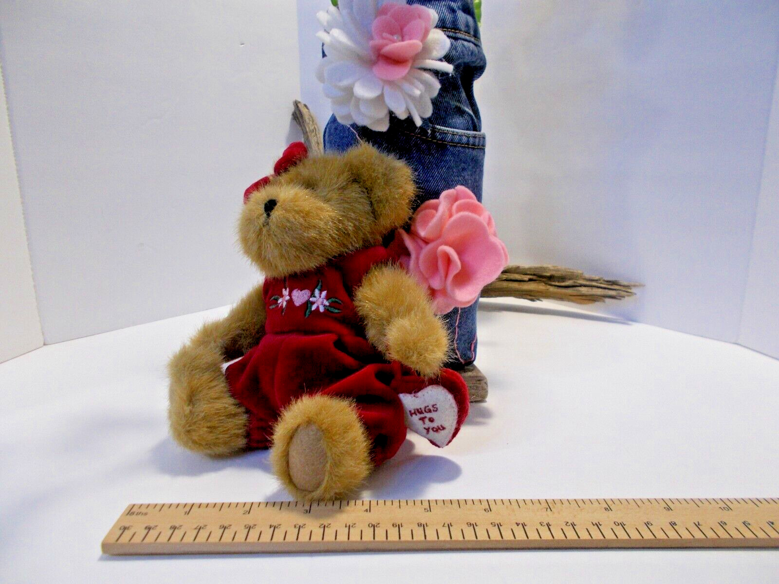 Denim Roses & Flowers in Recycled Denim Jeans Vase and Sm Valentines Hugs Bear