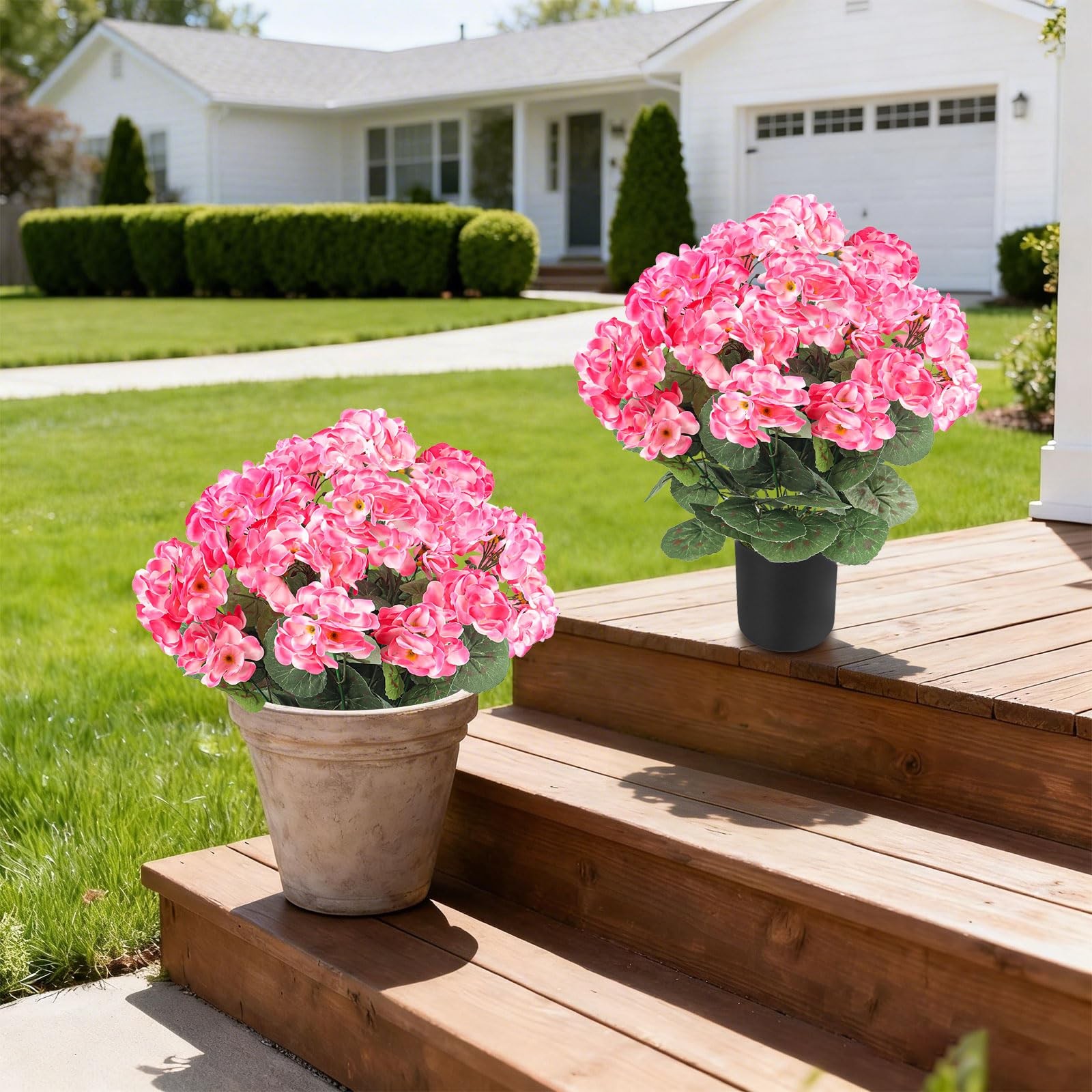 2Pcs Geranium Potted Artificial Flowers in Pots, Faux Outdoor Plants Realisti…